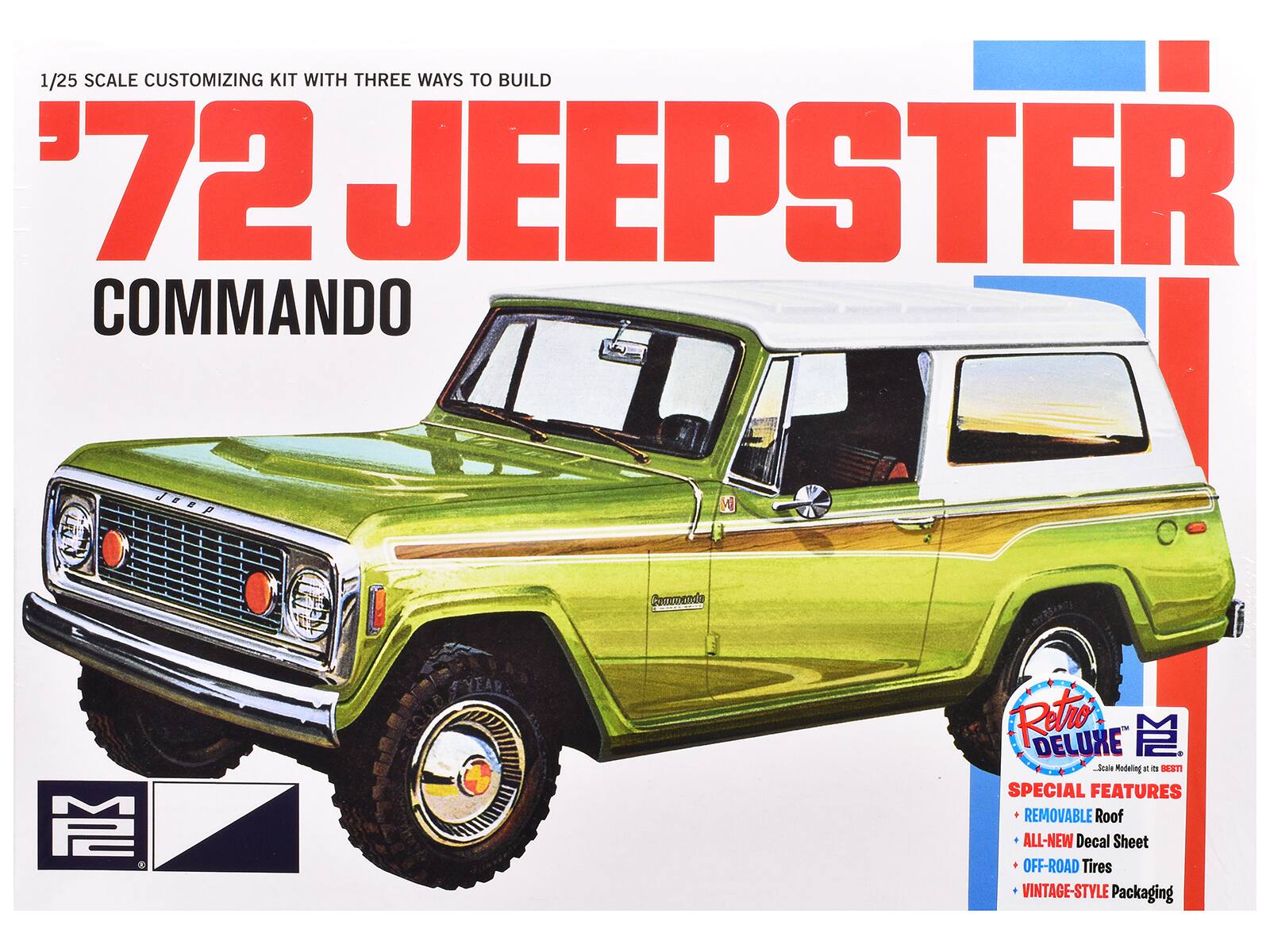 1/25 SCALE CUSTOMIZING KIT WITH THREE WAYS TO BUILD

'72 JEEPSTER COMMANDO

SPECIAL FEATURES
- REMOVABLE Roof
- ALL-NEW Decal Sheet
- OFF-ROAD Tires
- VINTAGE-STYLE Packaging

Retro DELUXE
Scale Modeling at its BEST!