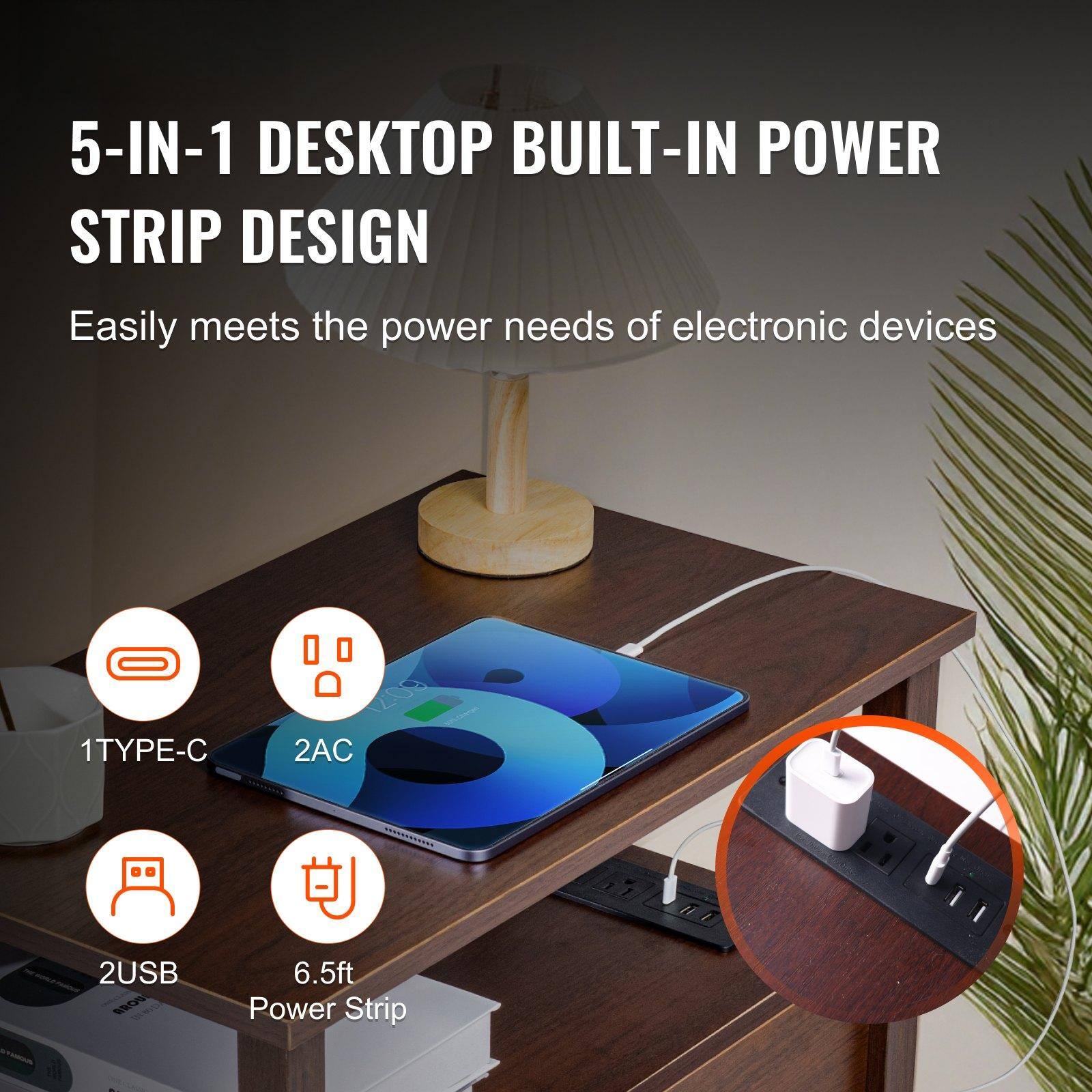 5-IN-1 DESKTOP BUILT-IN POWER STRIP DESIGN  
Easily meets the power needs of electronic devices  

1 TYPE-C  
2 AC  
2 USB  
6.5ft Power Strip