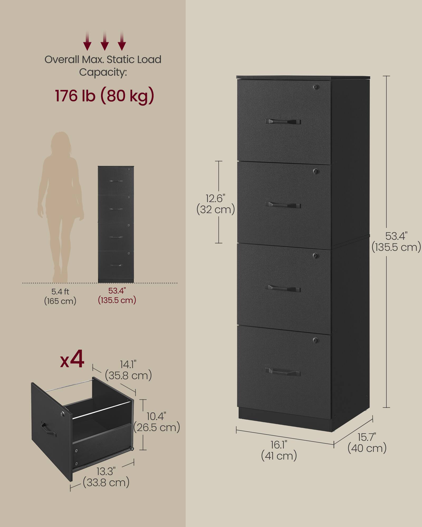Overall Max. Static Load Capacity: 176 lb (80 kg)  
12.6" (32 cm)  
53.4" (135.5 cm)  
5.4 ft (165 cm)  
53.4" (135.5 cm) x4  
14.1" (35.8 cm)  
10.4" (26.5 cm)  
13.3" (33.8 cm)  
16.1" (41 cm)  
15.7" (40 cm)