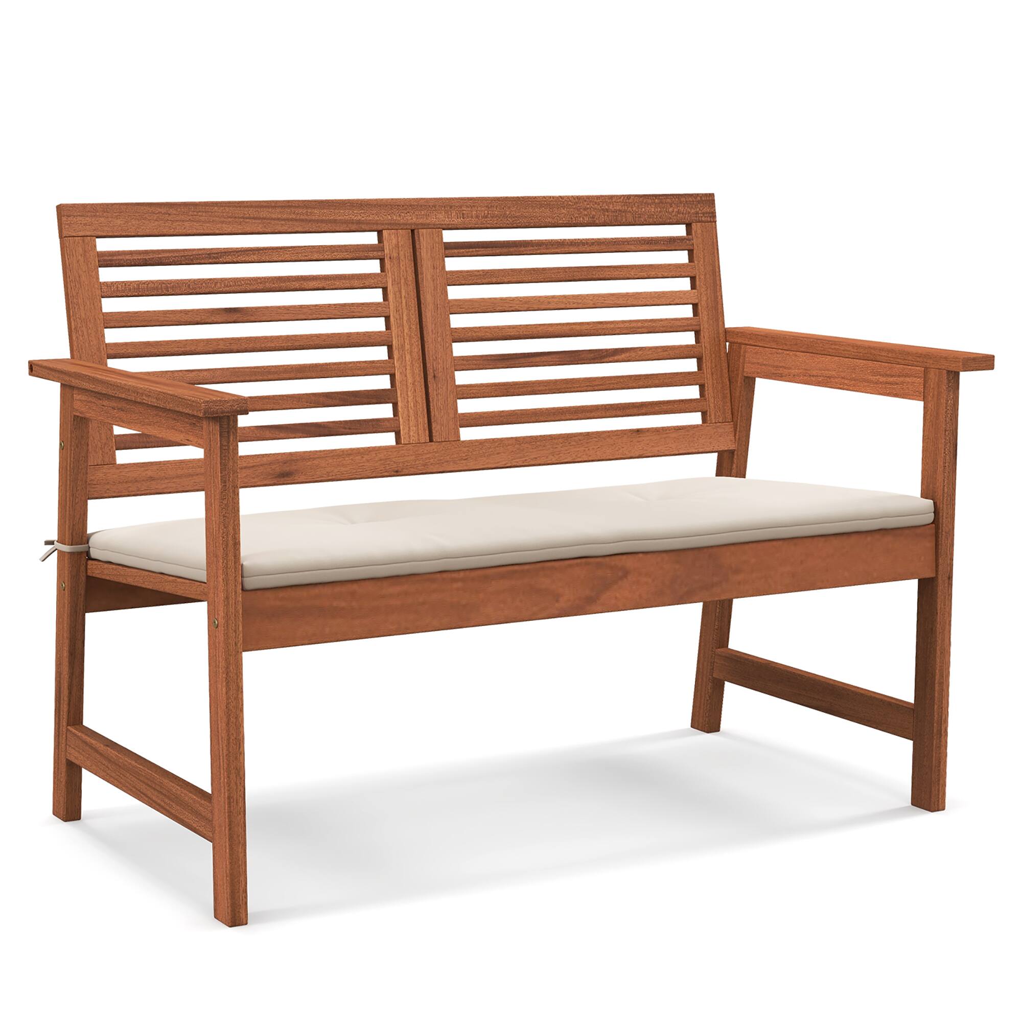 Gymax - Outdoor Bench with Cushion 2-Person Patio Bench w/Slatted Back & Seat Garden Backyard Balcony - Natural, White