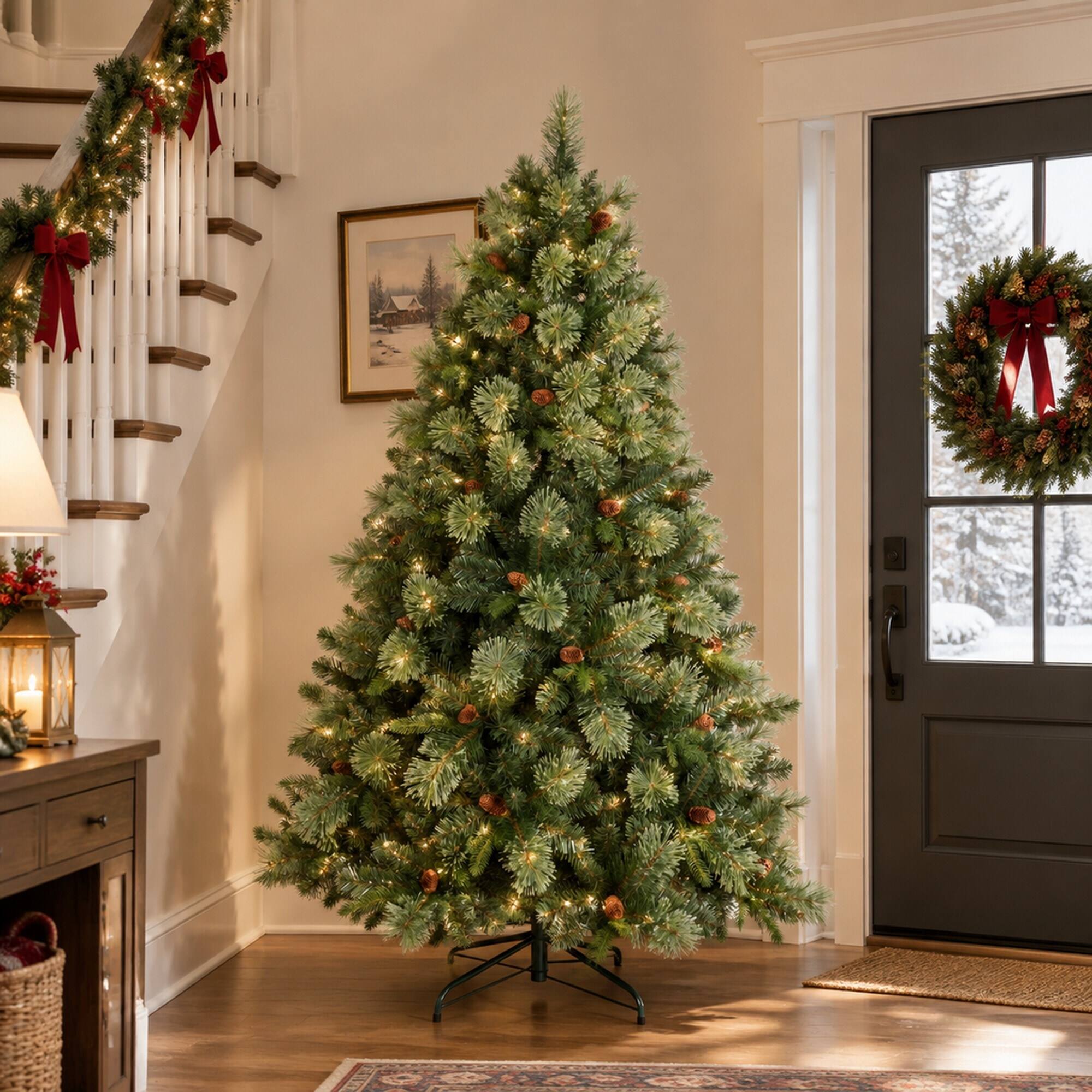 Alt View 1. RYHNUYNE - 8FT Pre-Lit Artificial Christmas Tree With 660 Warm White LED Lights and 1897 Tips, Pine Cones and Iron Base - Green.