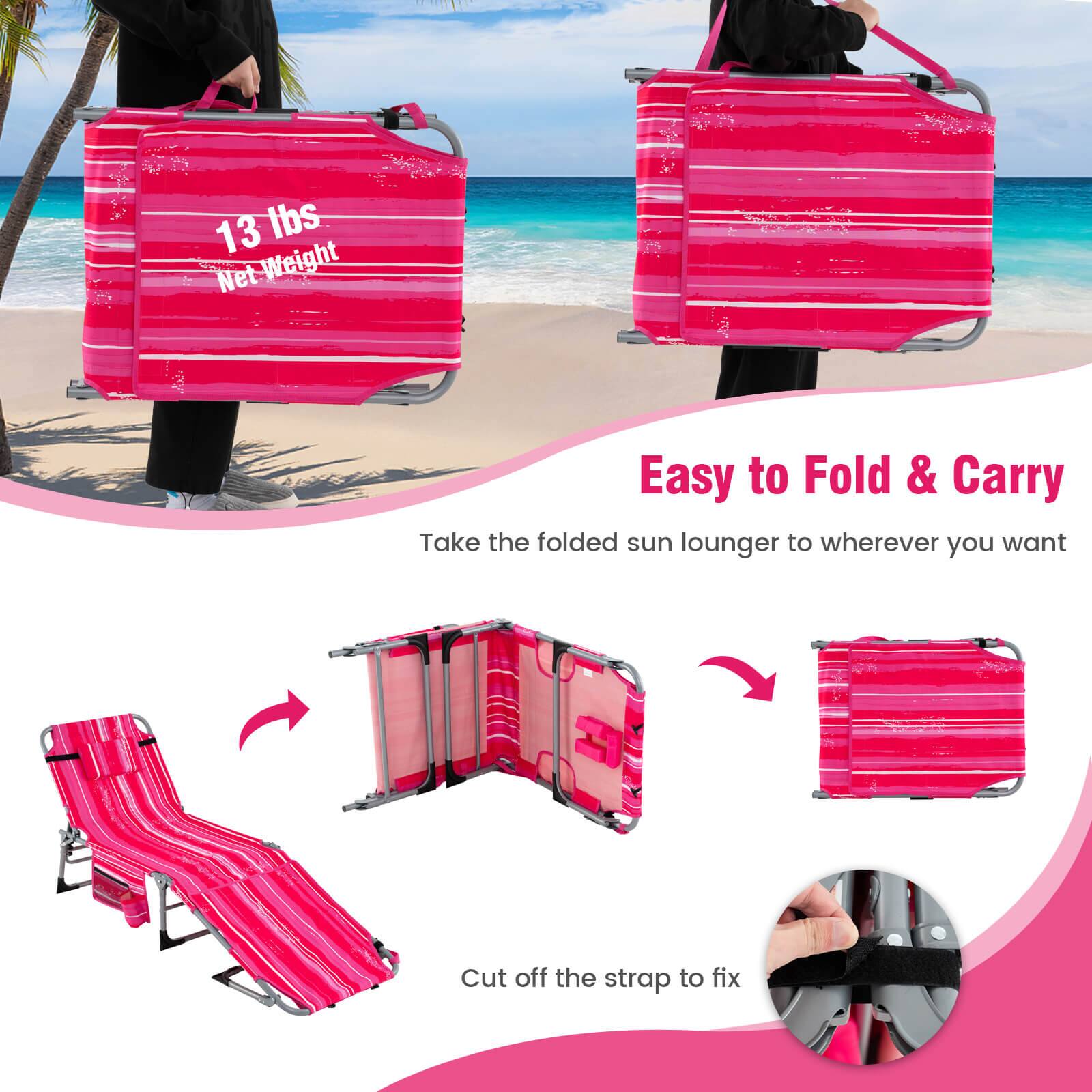 13 lbs Net Weight

Easy to Fold & Carry

Take the folded sun lounger to wherever you want

Cut off the strap to fix