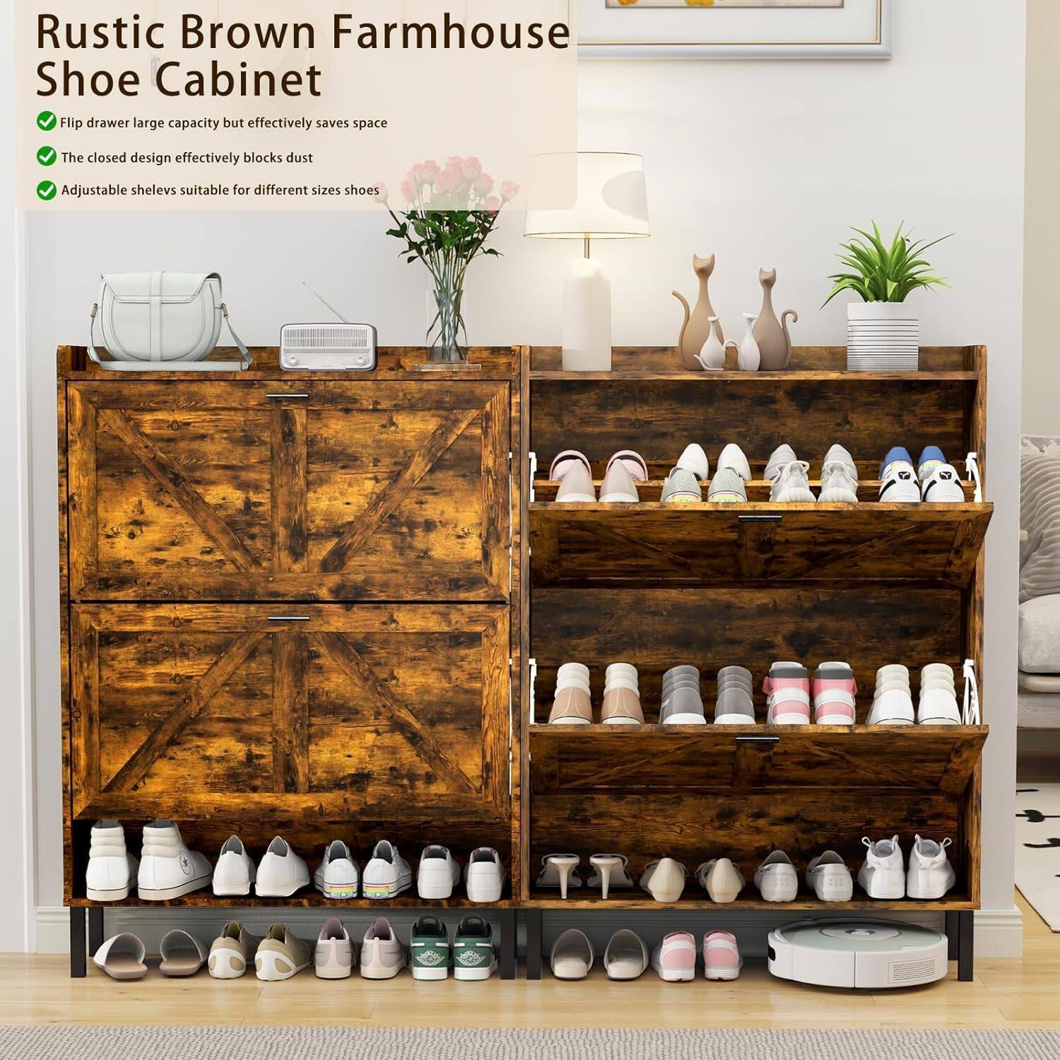 Rustic Brown Farmhouse Shoe Cabinet

- Flip drawer large capacity but effectively saves space
- The closed design effectively blocks dust
- Adjustable shelves suitable for different sizes shoes