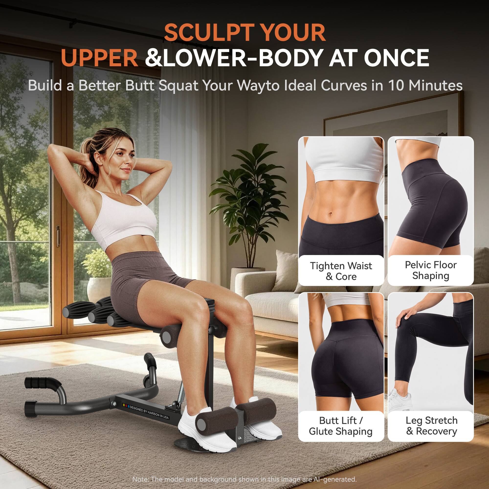 SCULPT YOUR UPPER & LOWER-BODY AT ONCE  
Build a Better Butt Squat Your Way to Ideal Curves in 10 Minutes  

Tighten Waist & Core  
Pelvic Floor Shaping  
Butt Lift / Glute Shaping  
Leg Stretch & Recovery  

VERSONED W MARSON 54 VIA  

Note: The model and background shown in this image are AI-generated.