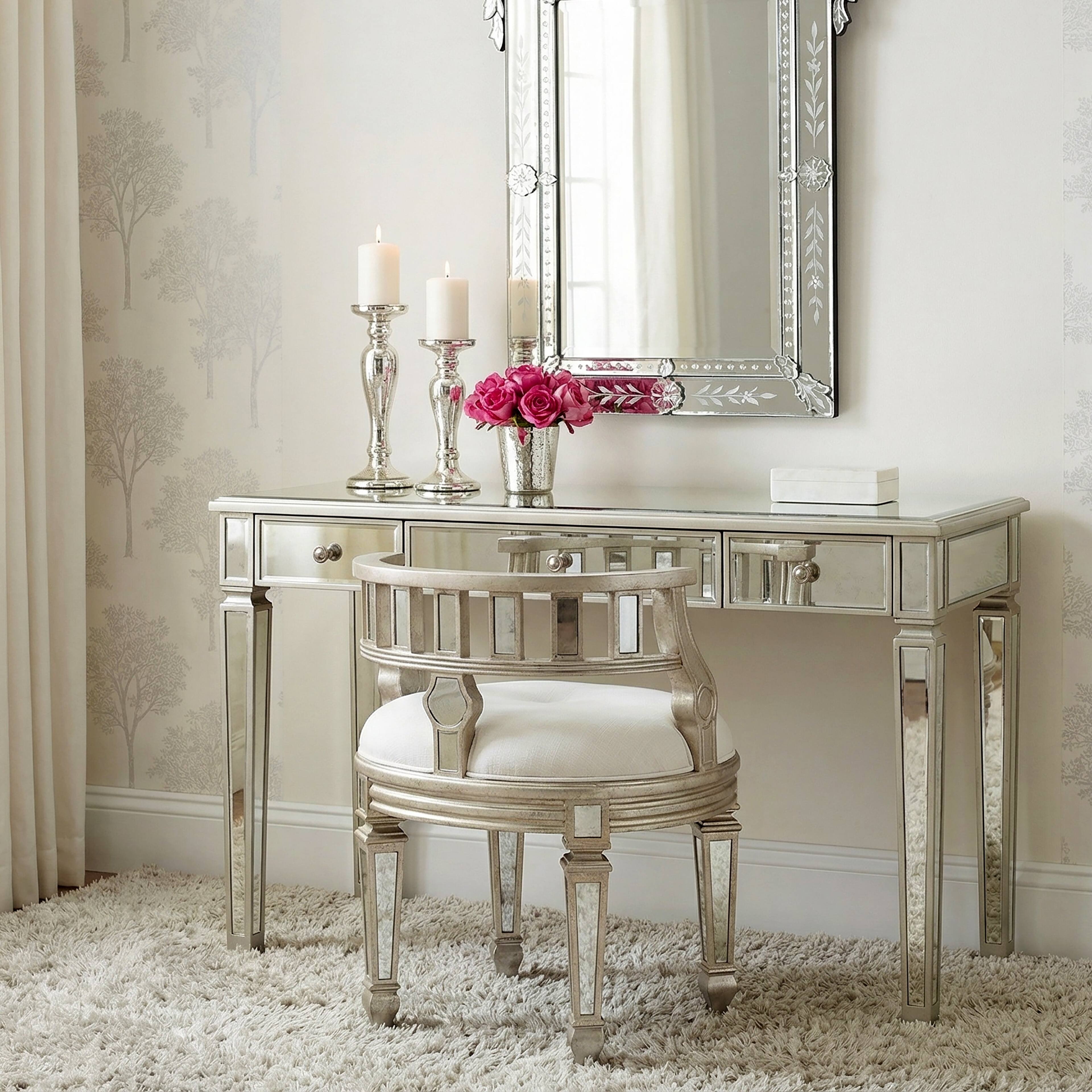 Alt View 1. Butler Specialty - Rebecca 21 in. W Oval Wood and Antique Mirror Upholserted Vanity Stool - Silver.