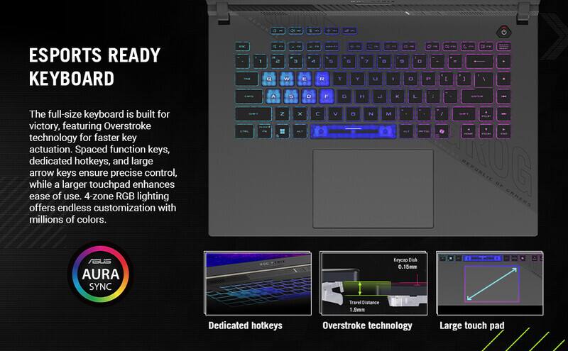 ESPORTS READY KEYBOARD

The full-size keyboard is built for victory, featuring Overstroke technology for faster key actuation. Spaced function keys, dedicated hotkeys, and large arrow keys ensure precise control, while a larger touchpad enhances ease of use. 4-zone RGB lighting offers endless customization with millions of colors.

ASUS AURA SYNC

Dedicated hotkeys
Overstroke technology
Large touch pad

Keycap Dish 0.15mm
Travel Distance 1.9mm