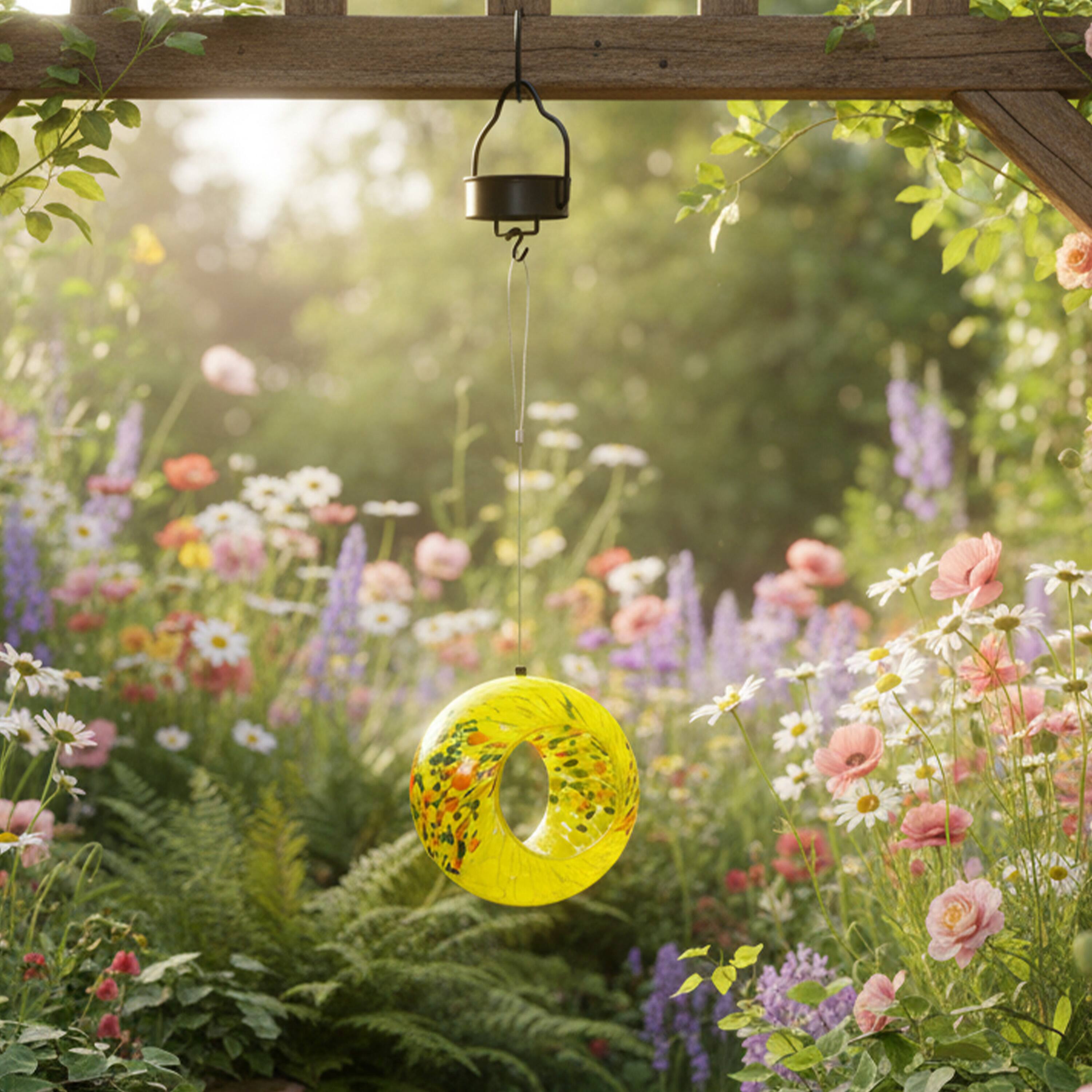 Alt View 9. Sunnydaze - Solar Glass Fly-Through Hanging Bird Feeder - 6" - Summer Burst.
