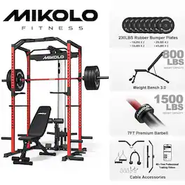 Mikolo - Multi-Functional Squat Rack with LAT Pulldown System Exercise Power Cages,Metal - Red