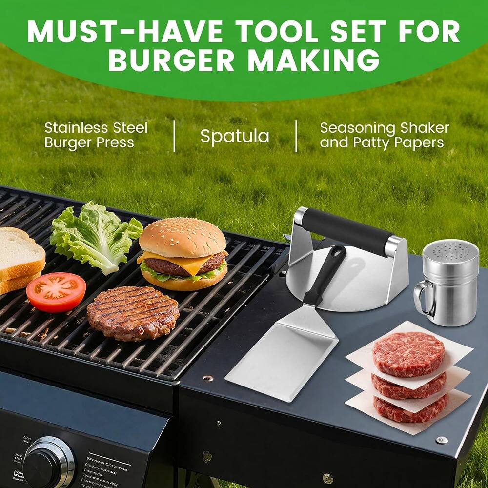 MUST-HAVE TOOL SET FOR BURGER MAKING

- Stainless Steel Burger Press
- Spatula
- Seasoning Shaker and Patty Papers