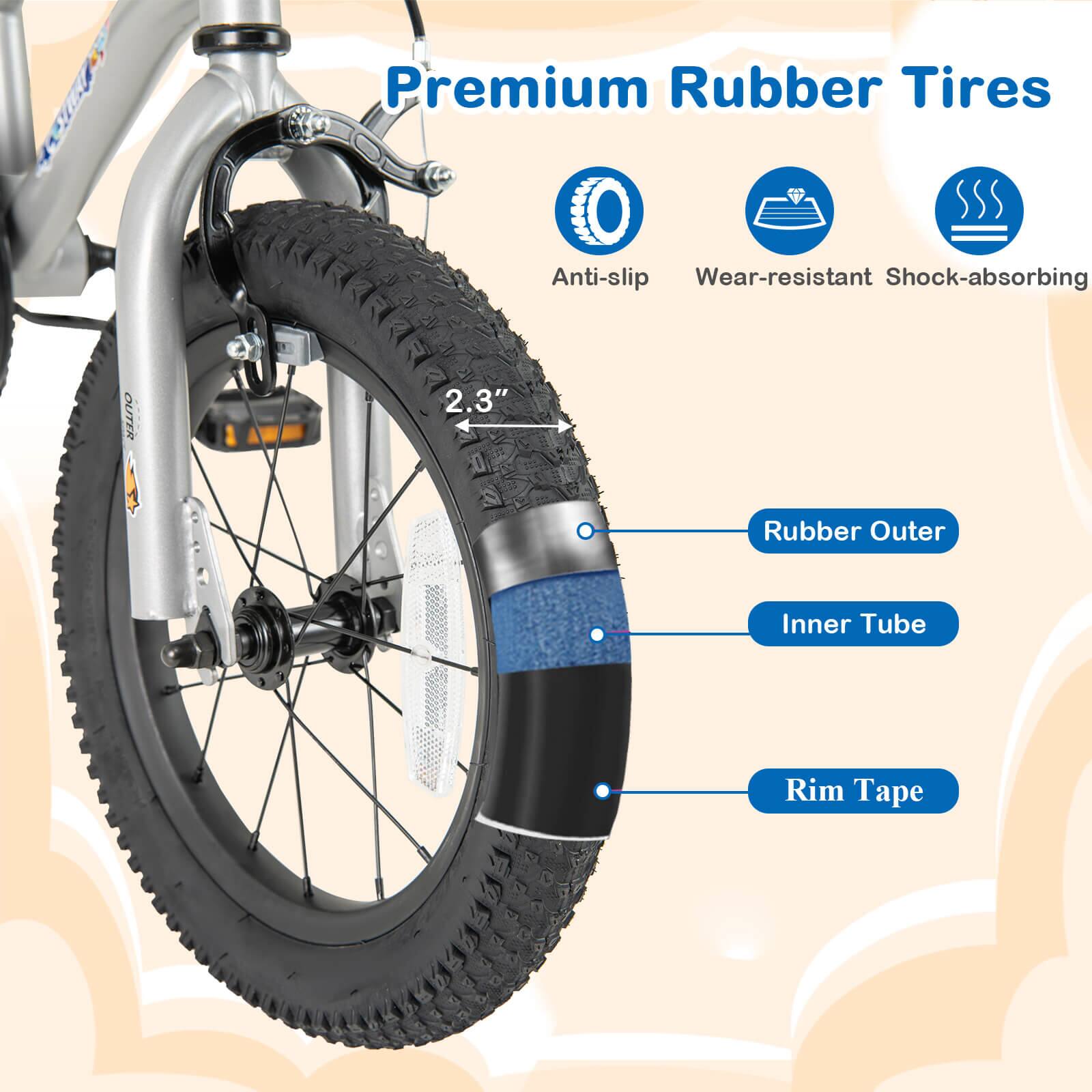 Premium Rubber Tires

- Anti-slip
- Wear-resistant
- Shock-absorbing

2.3"

- Rubber Outer
- Inner Tube
- Rim Tape