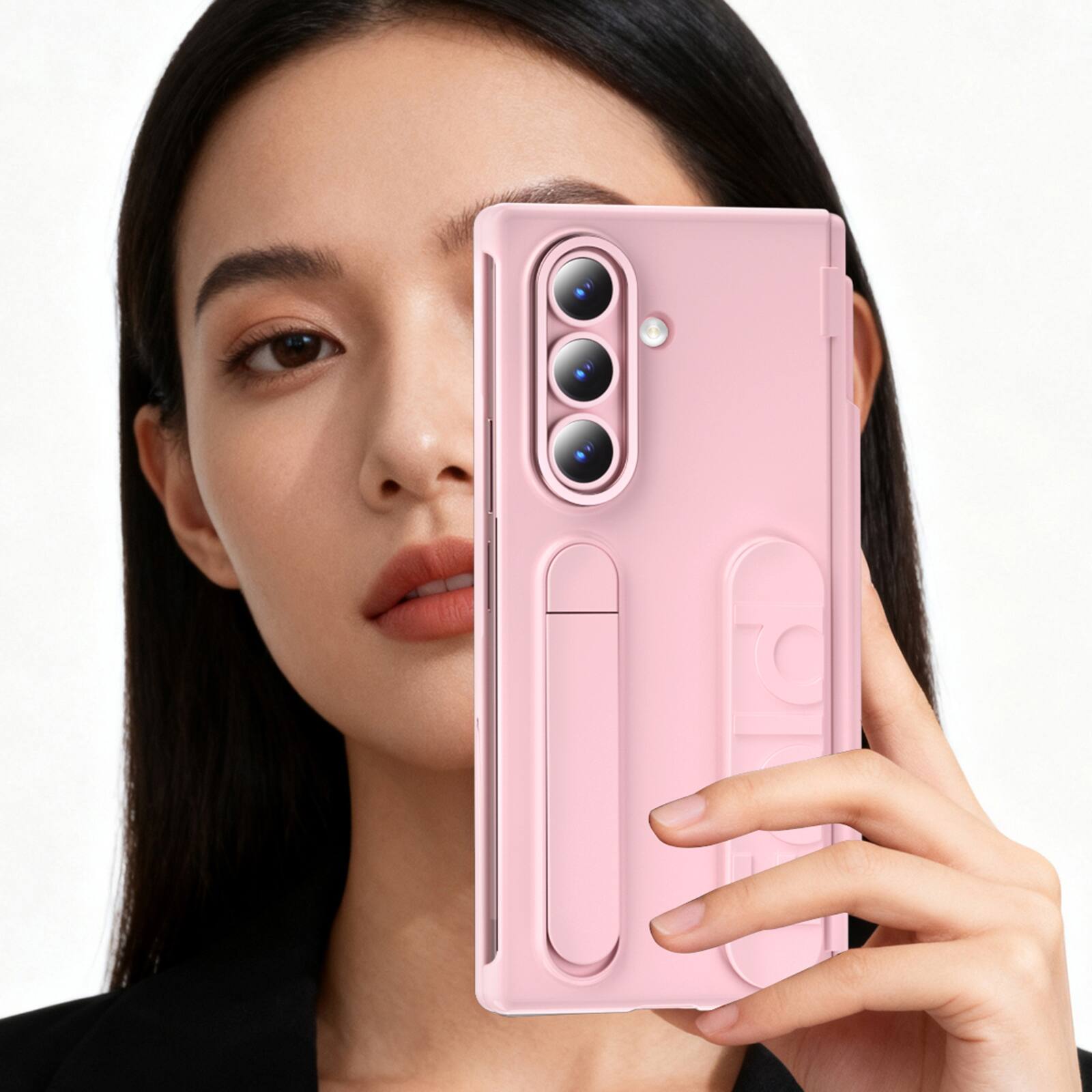 Left. Dteck - Shockproof Case for Samsung Galaxy Z Fold8 Ultra with Card Slot Stand Wristband, Hard PC Cover Built-in Screen Protector - Pink.