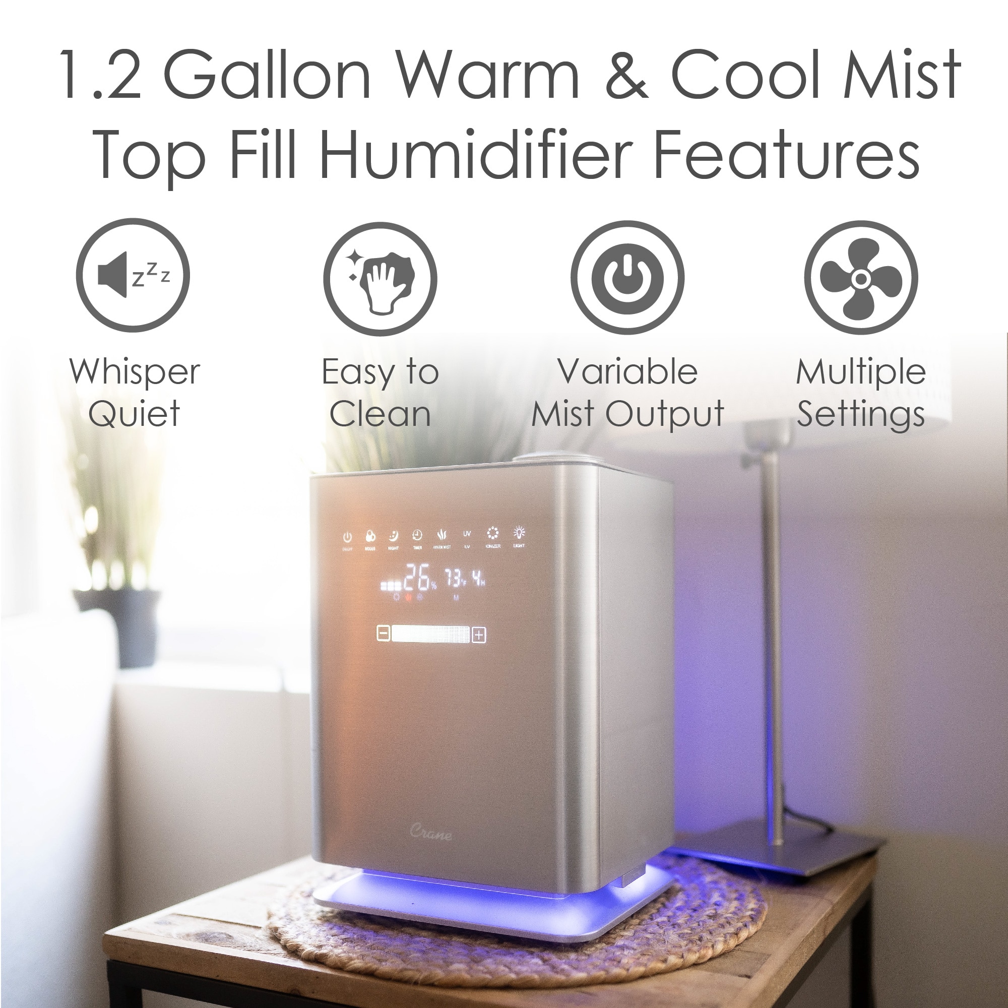 Back. CRANE - 1.2 Gal. UV Light Warm & Cool Mist Humidifier with Remote - Gray.