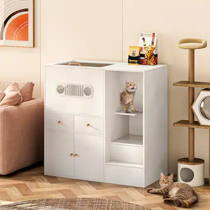Front. MSOOB - 40.2'' W Top Entry Cat Litter Box Enclosure Furniture Style, Hidden Glass Cat Cabinet Pet House - White.