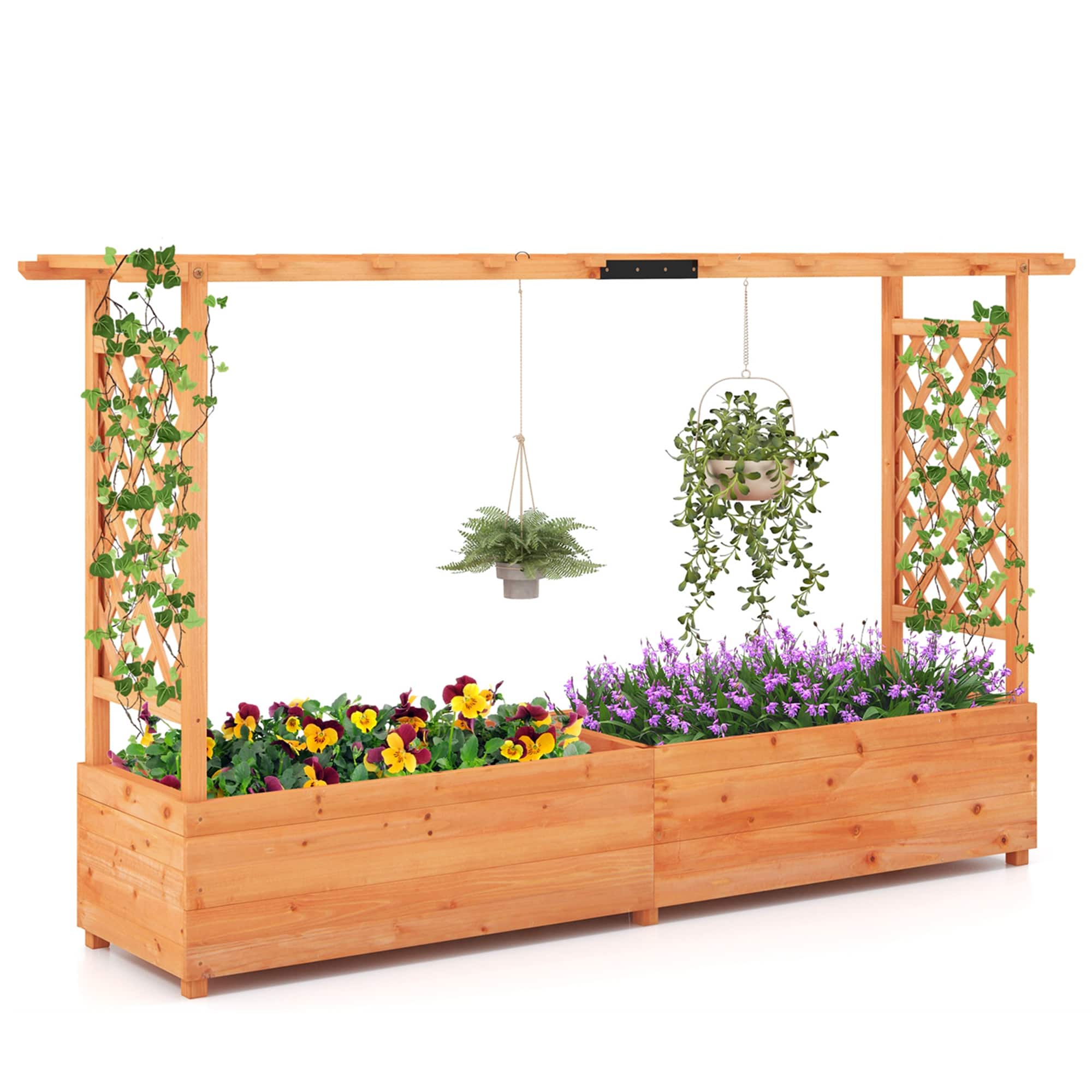 Costway - 1 PCS Raised Garden Bed with Trellis Hanging Roof Planter Box Drainage Holes for Patio - Natural