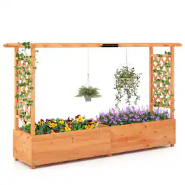 Costway - 1 PCS Raised Garden Bed with Trellis Hanging Roof Planter Box Drainage Holes for Patio - Natural
