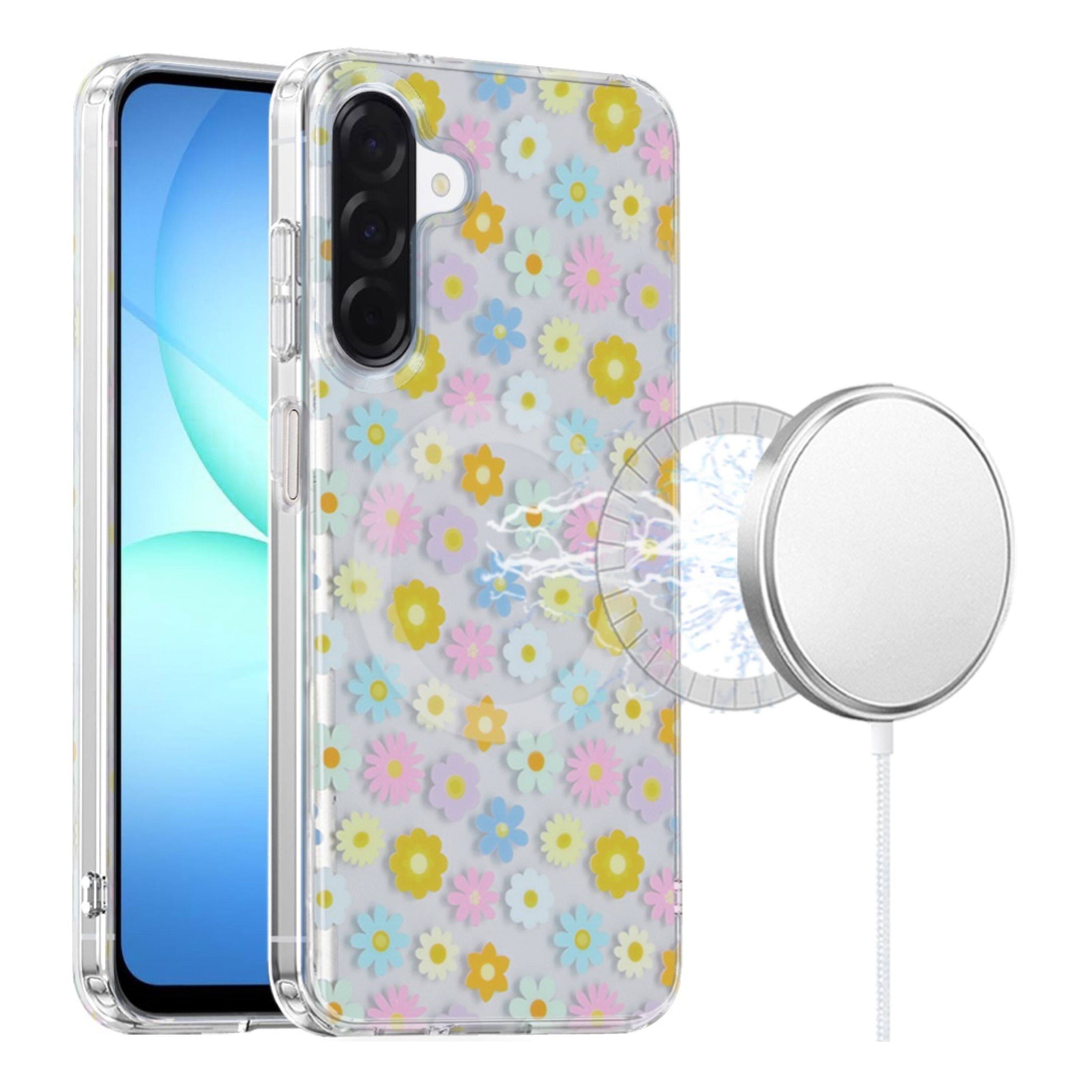 Angle. Kitcheniva - IMD Dual Layer Magnetic Circle Cover Phone Case With Tempered Glass For Samsung Galaxy A17 5G Bright Blossom - Bright Blossom.