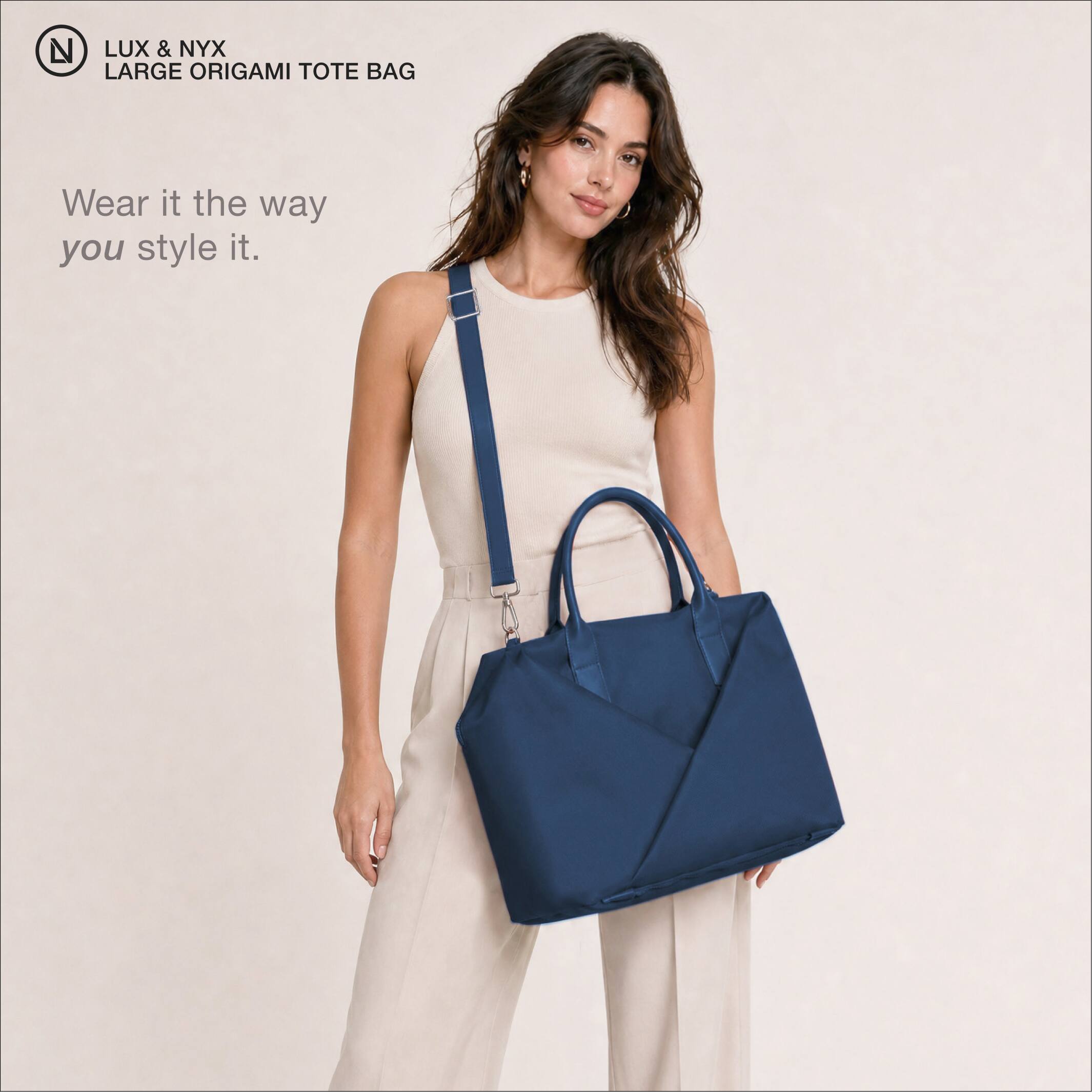 LUX & NYX LARGE ORIGAMI TOTE BAG  
Wear it the way you style it.
