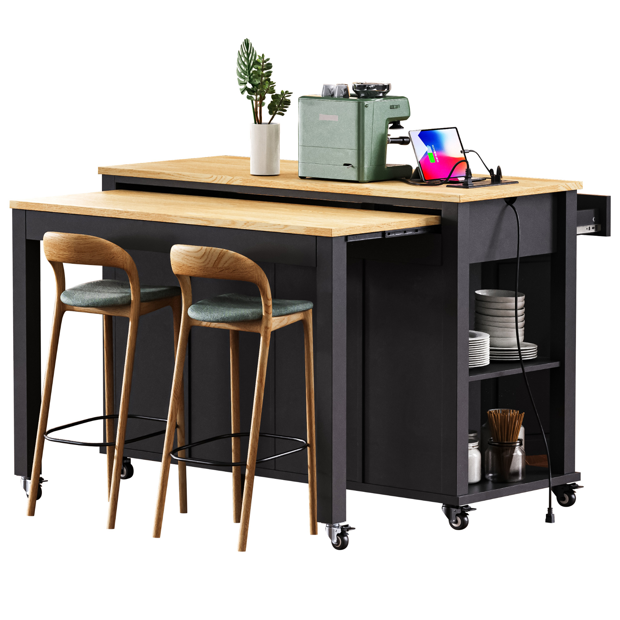 Alt View 8. Forest'nSky - 47 inch Rolling Kitchen Island with Storage, Rubber Wood Veneer Table, Power Outlet, Internal Rack,Black - Black.