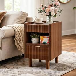 JUJABU - Walnut Fluted Wood Nightstand with Drawer and Open Storage, End Table for Living Room Home Decor - Brown