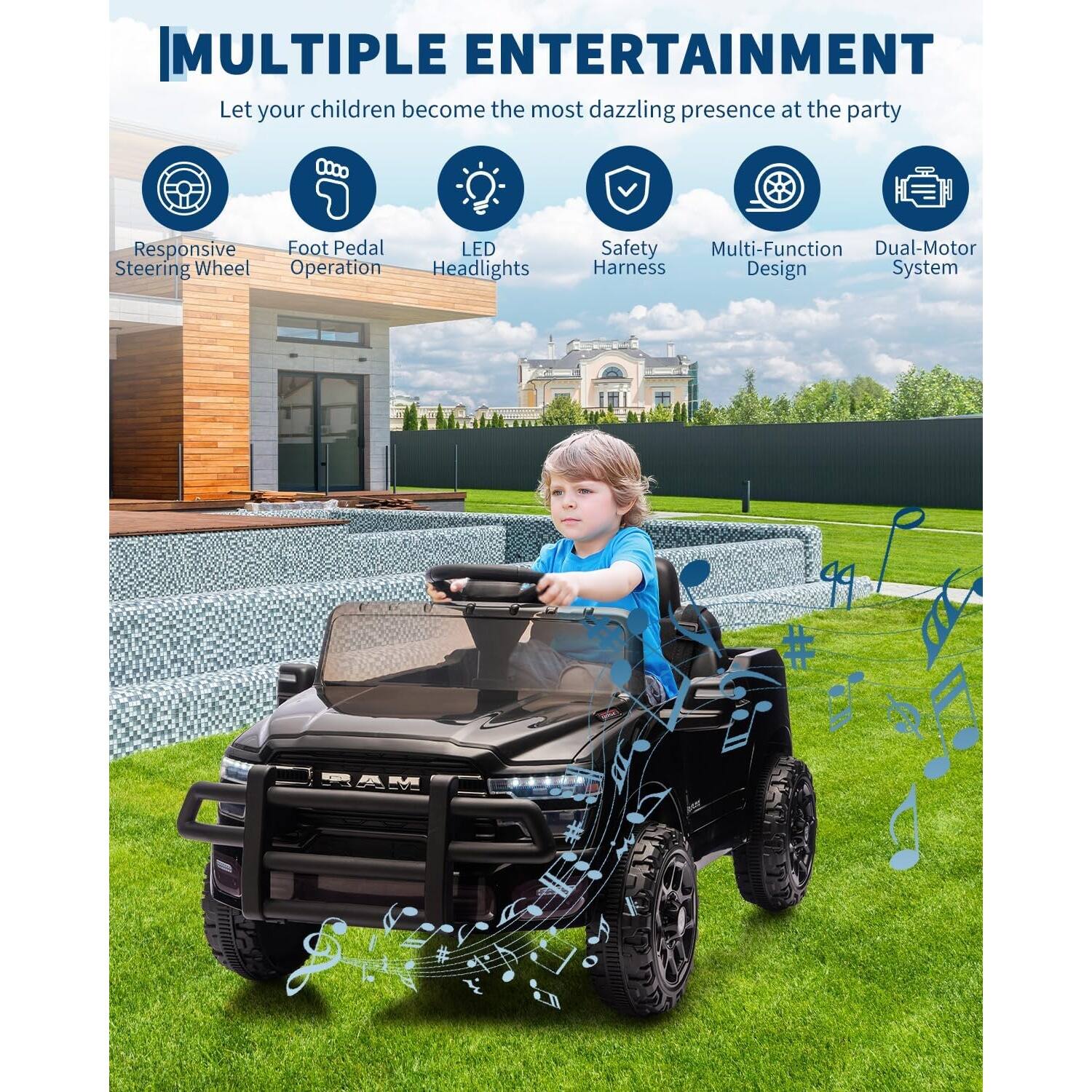 **MULTIPLE ENTERTAINMENT**

Let your children become the most dazzling presence at the party

- Responsive Steering Wheel
- Foot Pedal Operation
- LED Headlights
- Safety Harness
- Multi-Function Design
- Dual-Motor System