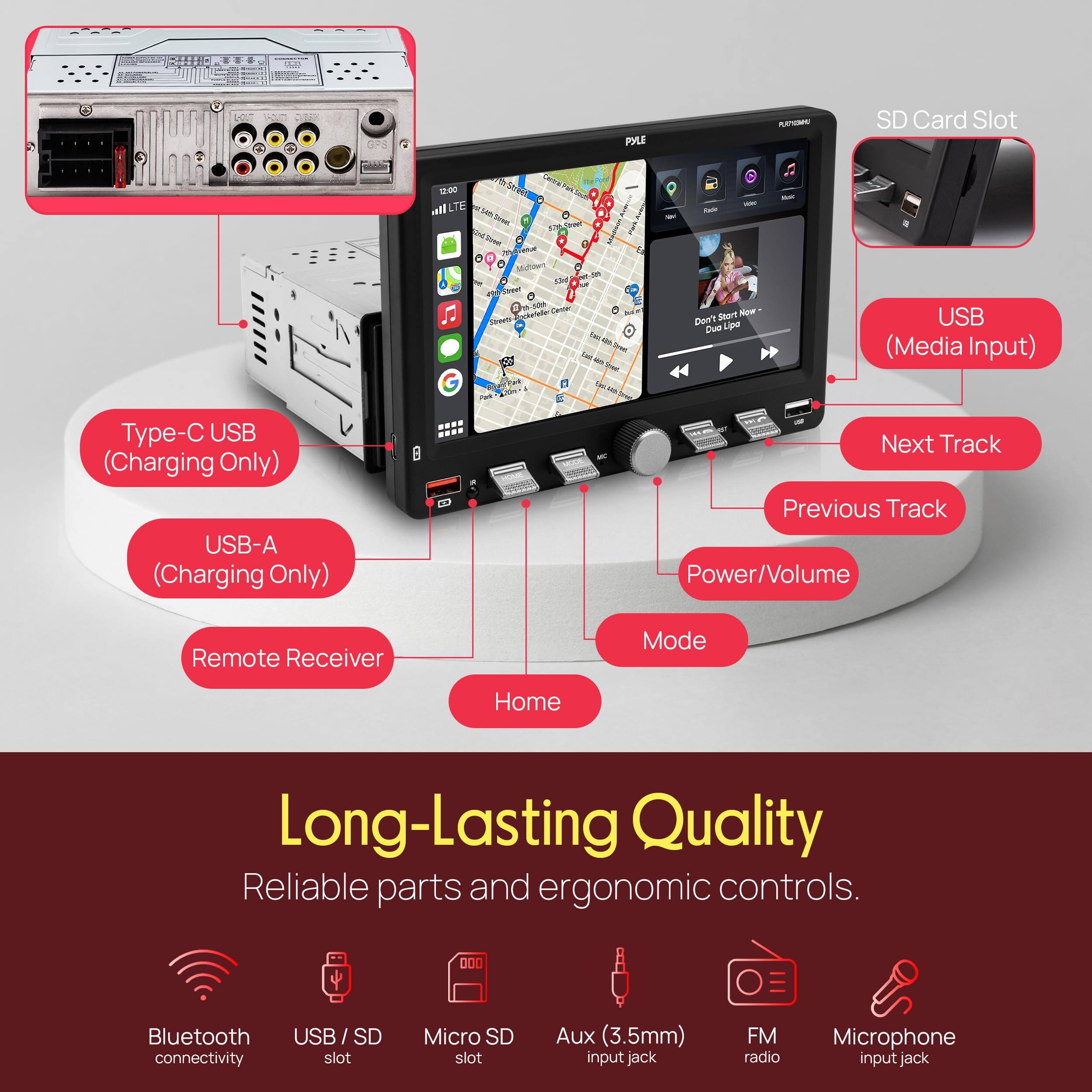 - UNO PPLE namus SD Card Slot  
- OS0l Cade 1  
- all LTE N san  
- C U Ln  
- oa d Sae MUhdgr  
- 1  
- ader  
- - atator TaoP  
- S has  
- - as  
- N  
- weut  
- Pu AASTA  
- - Soat Now Don't Lipe Duo  
- USB (Media Input)  
- Type-C USB (Charging Only)  
- USB-A (Charging Only)  
- 8  
- - Next Track  
- Previous Track  
- Power/Volume  
- Remote Receiver Mode  
- Home  
- Long-Lasting Quality  
- Reliable parts and ergonomic controls.  
- Bluetooth  
- USB/SD SD connectivity slot  
- Micro SD slot  
- Aux (3.5mm) input jack  
- FM radio  
- Microphone input jack