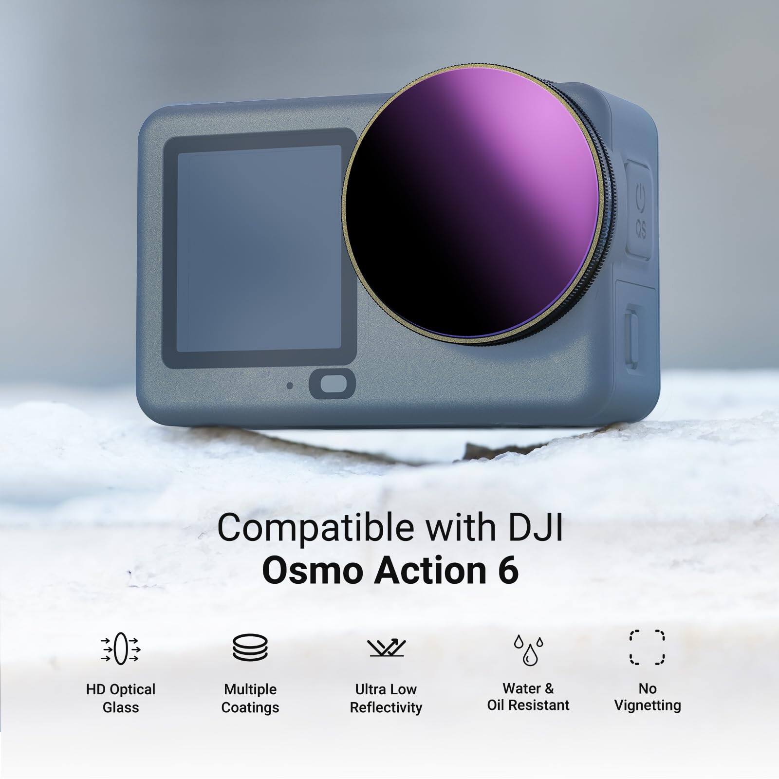 OS Compatible with DJI Osmo Action 6  
HD Optical Glass  
Multiple Coatings  
Ultra Low Reflectivity  
Water & Oil Resistant  
No Vignetting