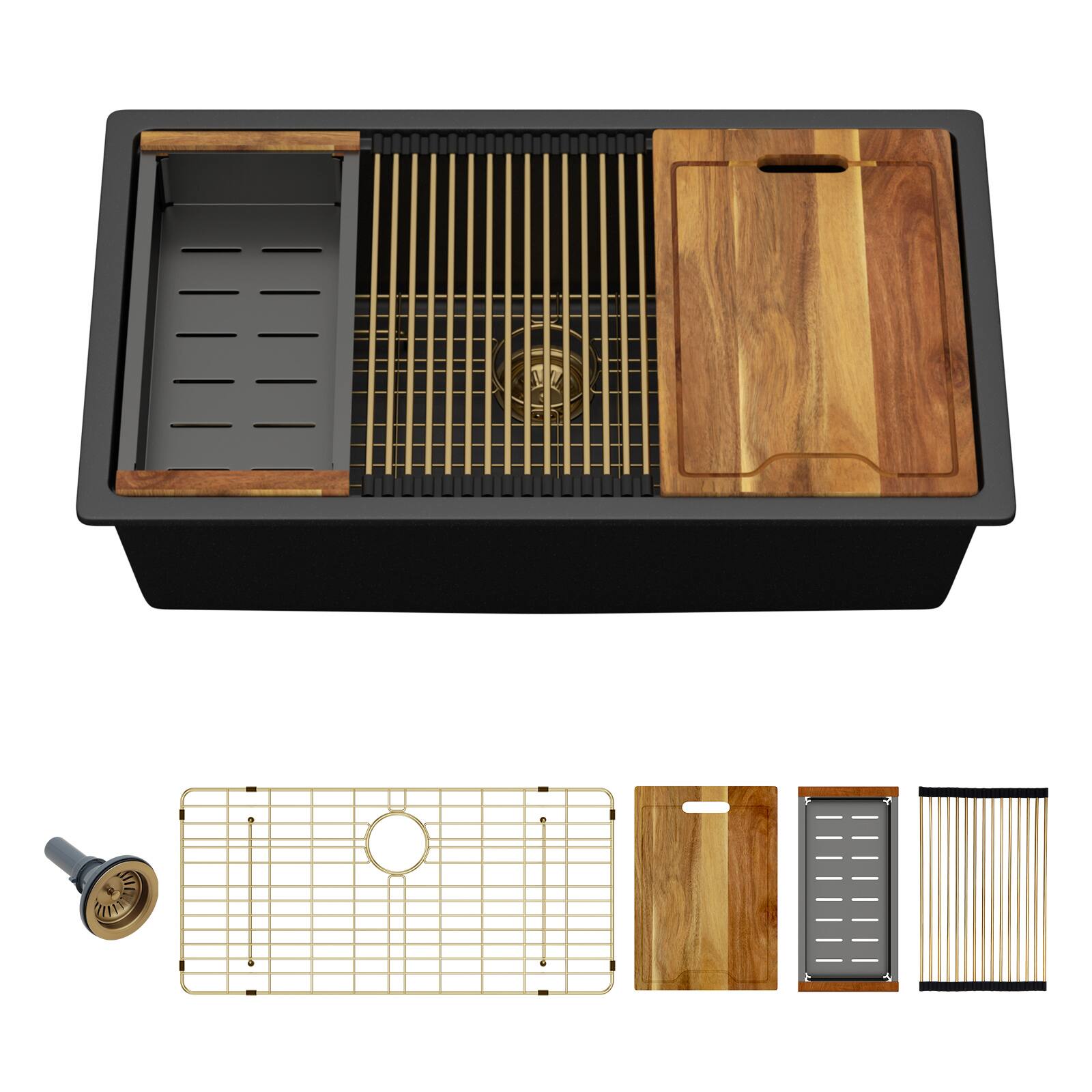 Alt View 6. Siljoy - Quartz Kitchen Sink - 33" x 19" x 9.65" Black Granite Composite Workstation Undermount Single Bowl Kitchen Sink - Black.