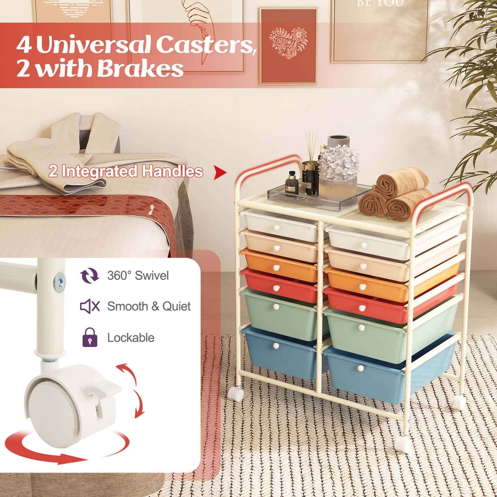 The text on the image reads: "4 Universal Casters, 2 with Brakes, 2 Integrated Handles, 360 Swivel, X Smooth & Quiet, 9 Lockable."