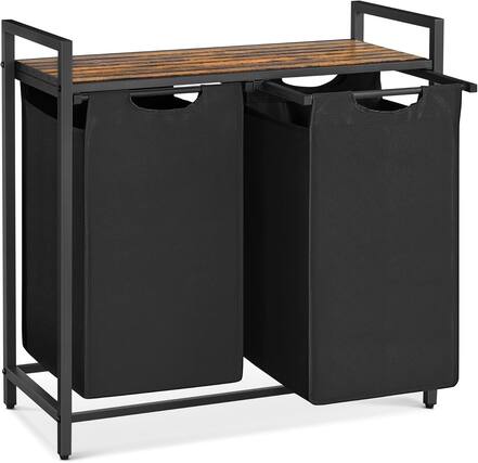 Front. Songmics Home - VASAGLE 2-Compartment Laundry Sorter with Pull-Out Removable Bags and Shelf in Rustic Brown - Black.