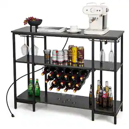 Costway - Cabinet Bar Table Rack Table for Drinks Glasses with Power Outlets - Rustic Grey