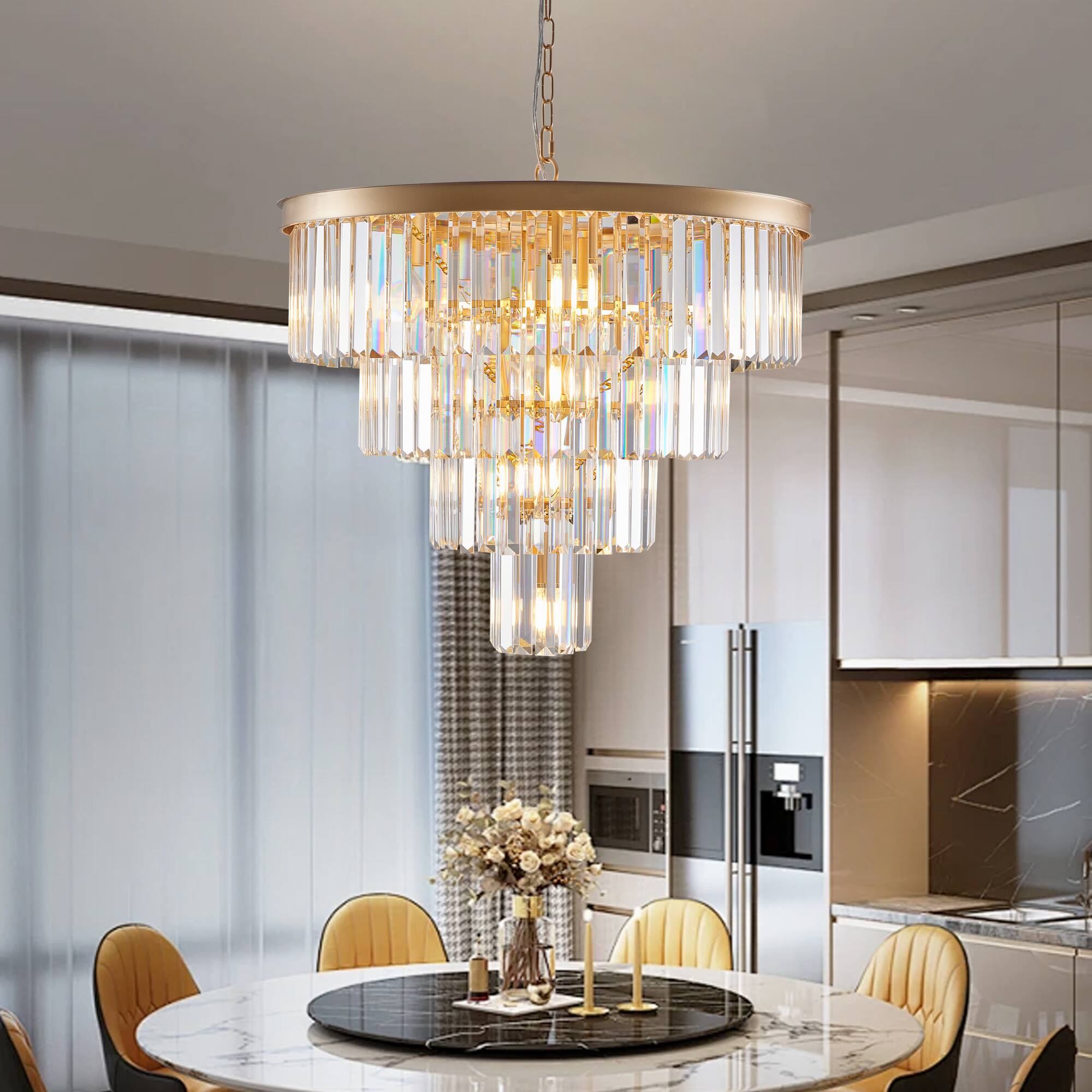 Front. Tiramisubest - 24" Contemporary Crystal Modern Chandeliers Crystal Ceiling Chandelier 4 Tier Golden Chandelier Lighting (No Bulbs) - Gold.