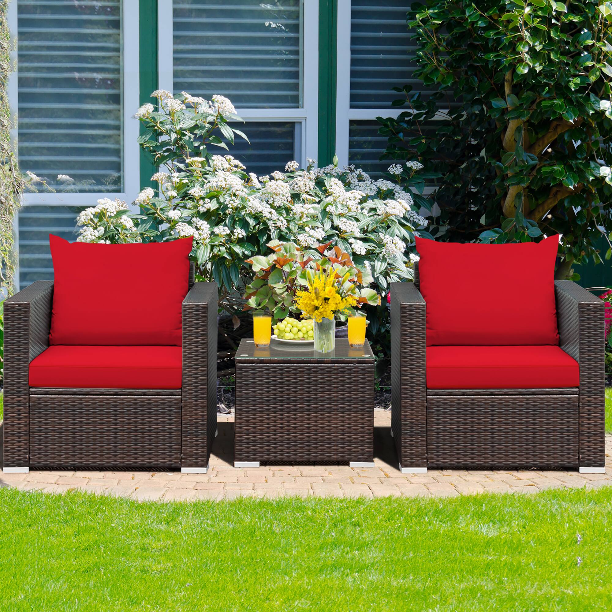 Alt View 2. Costway - Costway 3PCS Patio Rattan Furniture Set Conversation Sofa Cushioned Garden - Red.