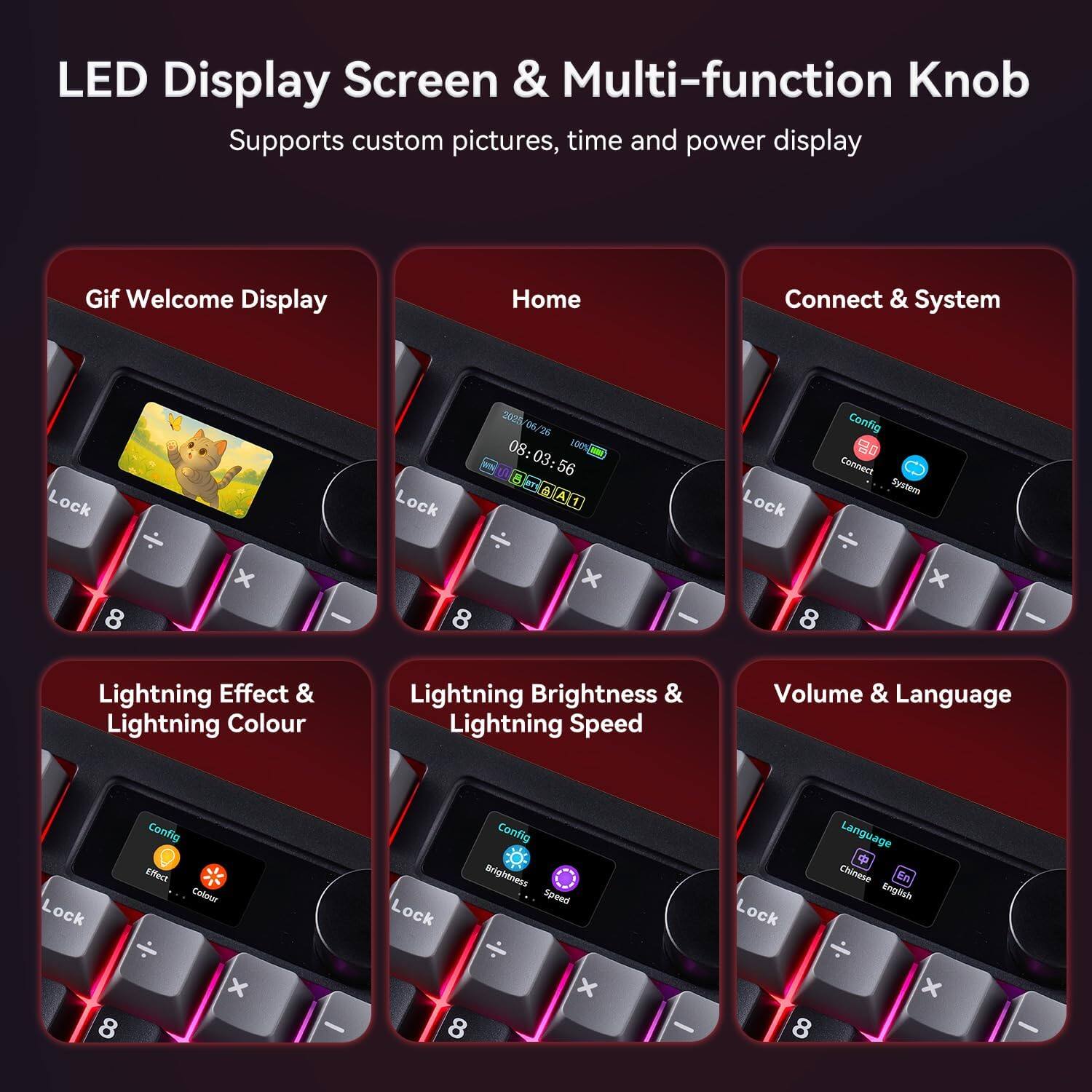 LED Display Screen & Multi-function Knob  
Supports custom pictures, time and power display  

- Gif Welcome Display  
- Home  
- Connect & System  
- Lightning Effect & Lightning Colour  
- Lightning Brightness & Lightning Speed  
- Volume & Language  

Config  
- Effect  
- Colour  
- Brightness  
- Speed  
- Language  
  - Chinese  
  - English