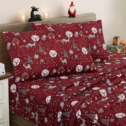 Front. Sweet Home Collection - Printed Holiday 4pc Sheet Sets, Easy Care, Soft & Wrinkle-Resistant Holiday Bedding, Full - Snowy Nights.
