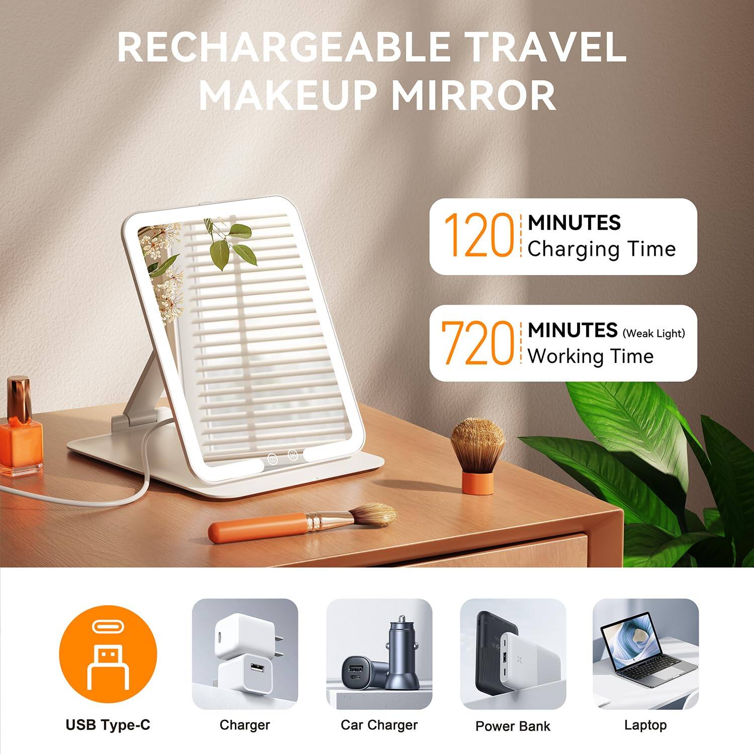 RECHARGEABLE TRAVEL MAKEUP MIRROR

120 MINUTES Charging Time

720 MINUTES (Weak Light) Working Time

USB Type-C
Charger
Car Charger
Power Bank
Laptop