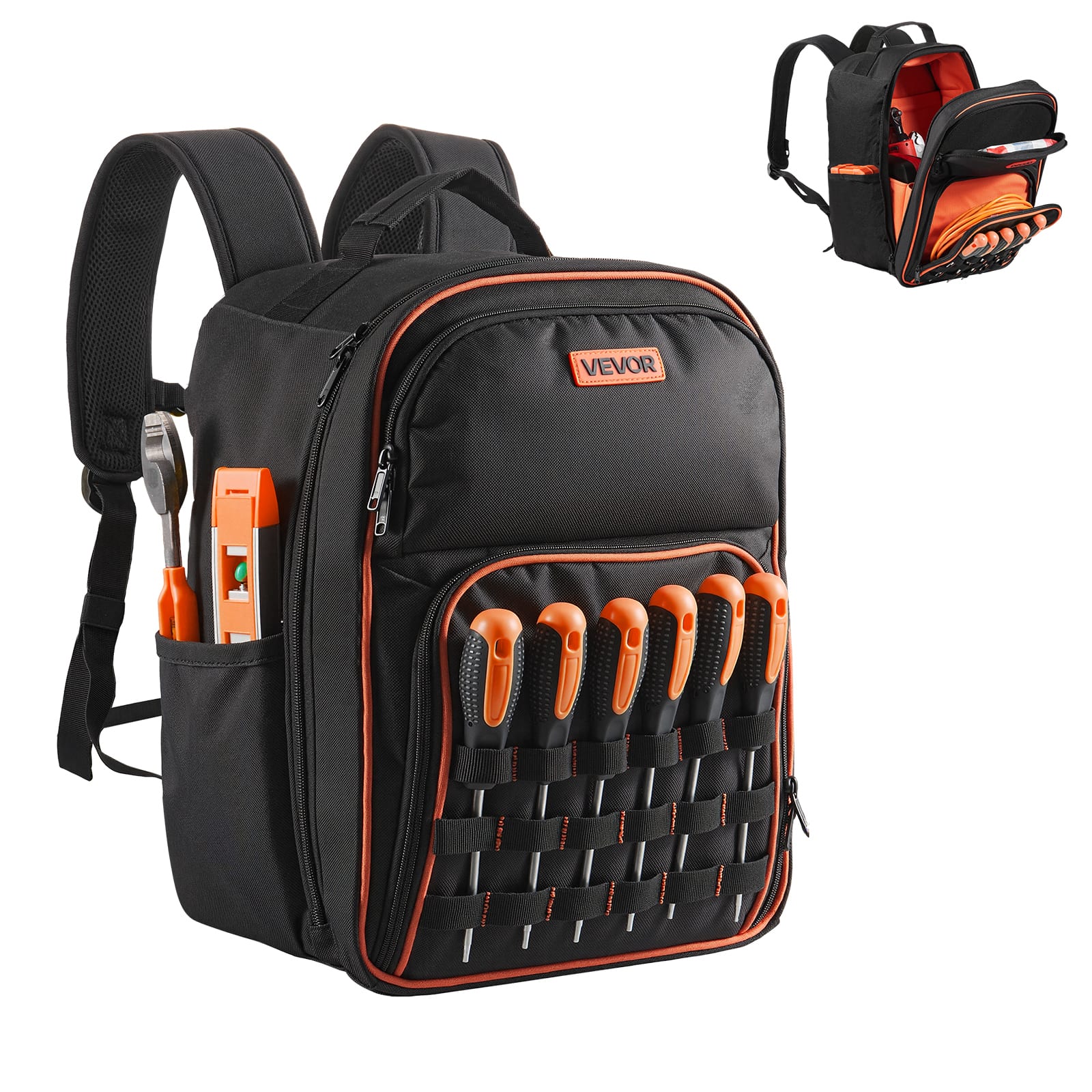 VEVOR - Tool Backpack, 49 Pockets, Heavy-duty Tools Storage Organizer Work Bags with Laptop Compartment & Reinforced Fabric Base - Black & Orange