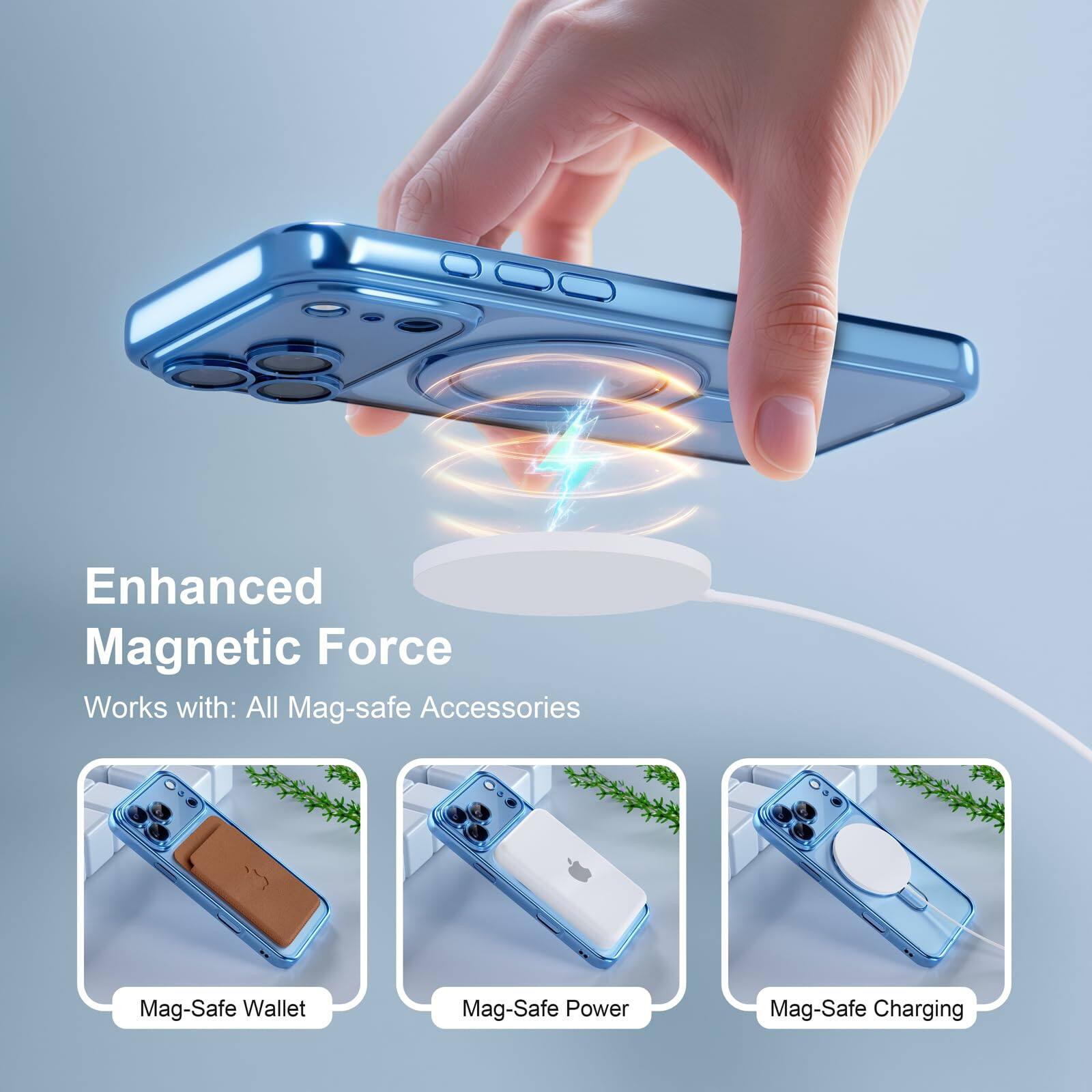Enhanced Magnetic Force  
Works with: All Mag-safe Accessories  

Mag-Safe Wallet  
Mag-Safe Power  
Mag-Safe Charging