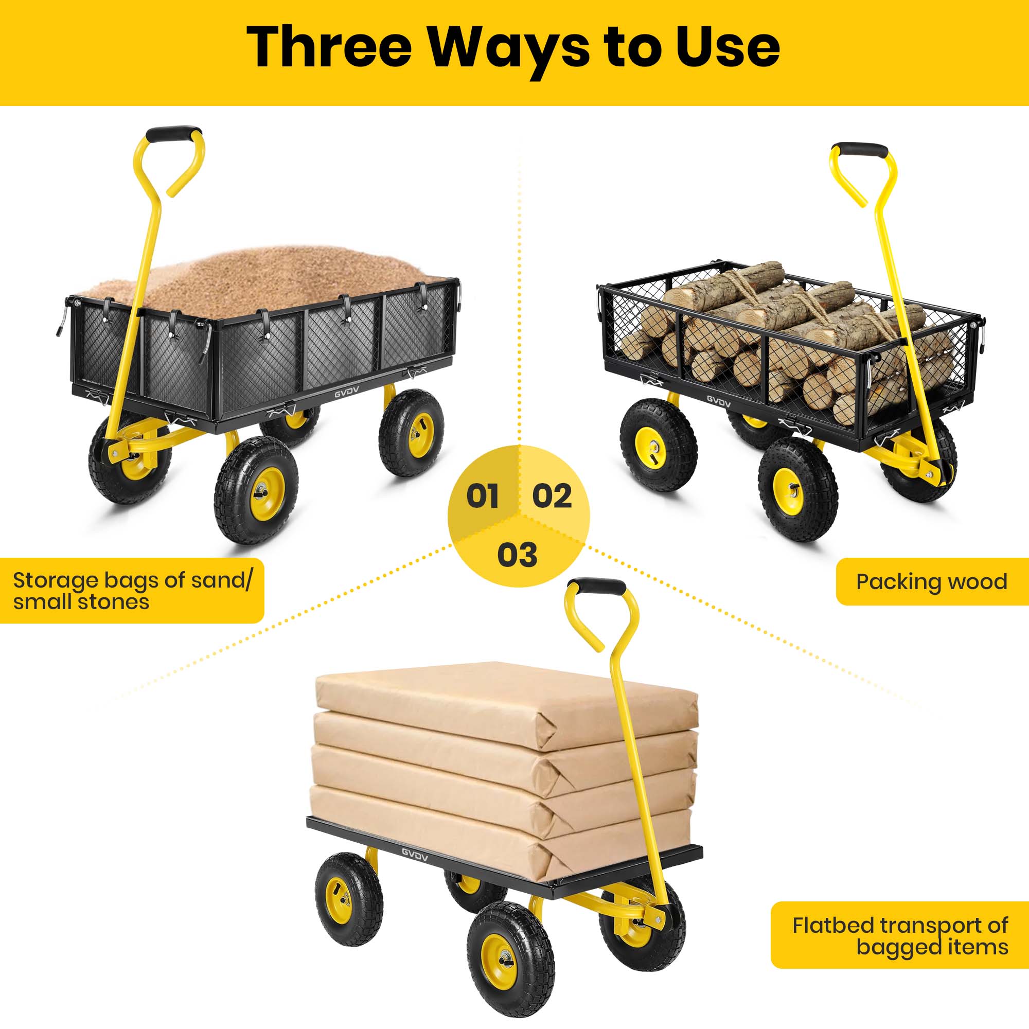 Three Ways to Use

01 Storage bags of sand/ small stones

02 Packing wood

03 Flatbed transport of bagged items