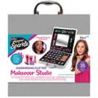 The text on the image is grouped and corrected as follows:

"Shimmer 'n Sparkle All-in-1 Beauty Studio - For Eyes, Cheeks & Lips!
Ultimate Glamour Cra-Z-Art Collection!
See tear panel for complete contents.
20 Eye Shadows - Net Wt. 0.05 oz (13 g) ea.
5 Lip Colors - Net Wt. 0.03 oz (0.8 g) ea.
5 Cheek Colors - Net Wt. 0.16 oz (4.5 g) ea.
8+ New! Includes over 35 colors, brushes & more!
Net Wt. 0.7 oz (20 g) 8+ New! Includes over 35 colors, brushes & more!"