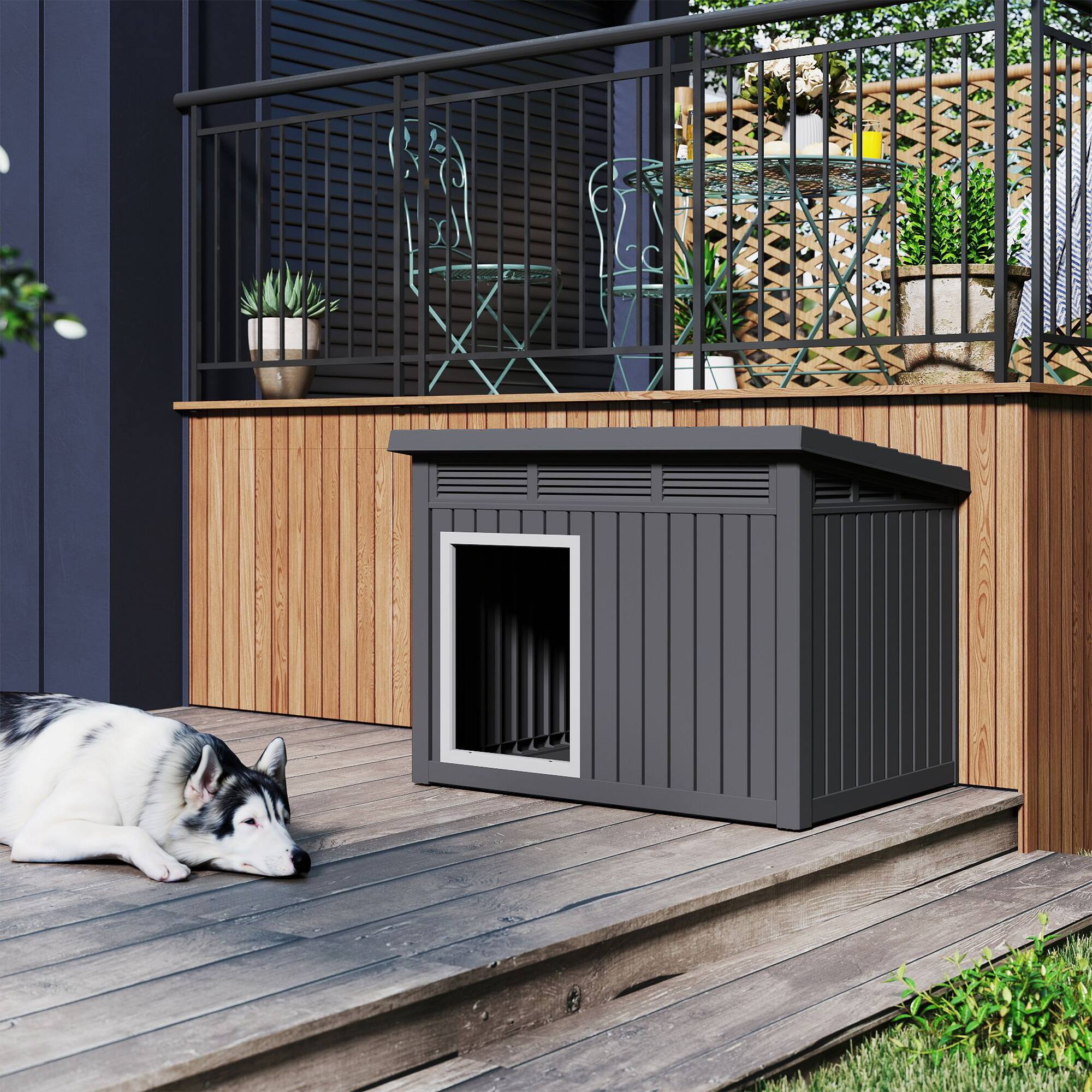 Angle. Yardgrace - 259 Sloped Roof Gas Strut Dog House,Small Indoor/Outdoor Weatherproof Kennel, Easy Access, Compact for Chihuahua/Yorkie - Black.