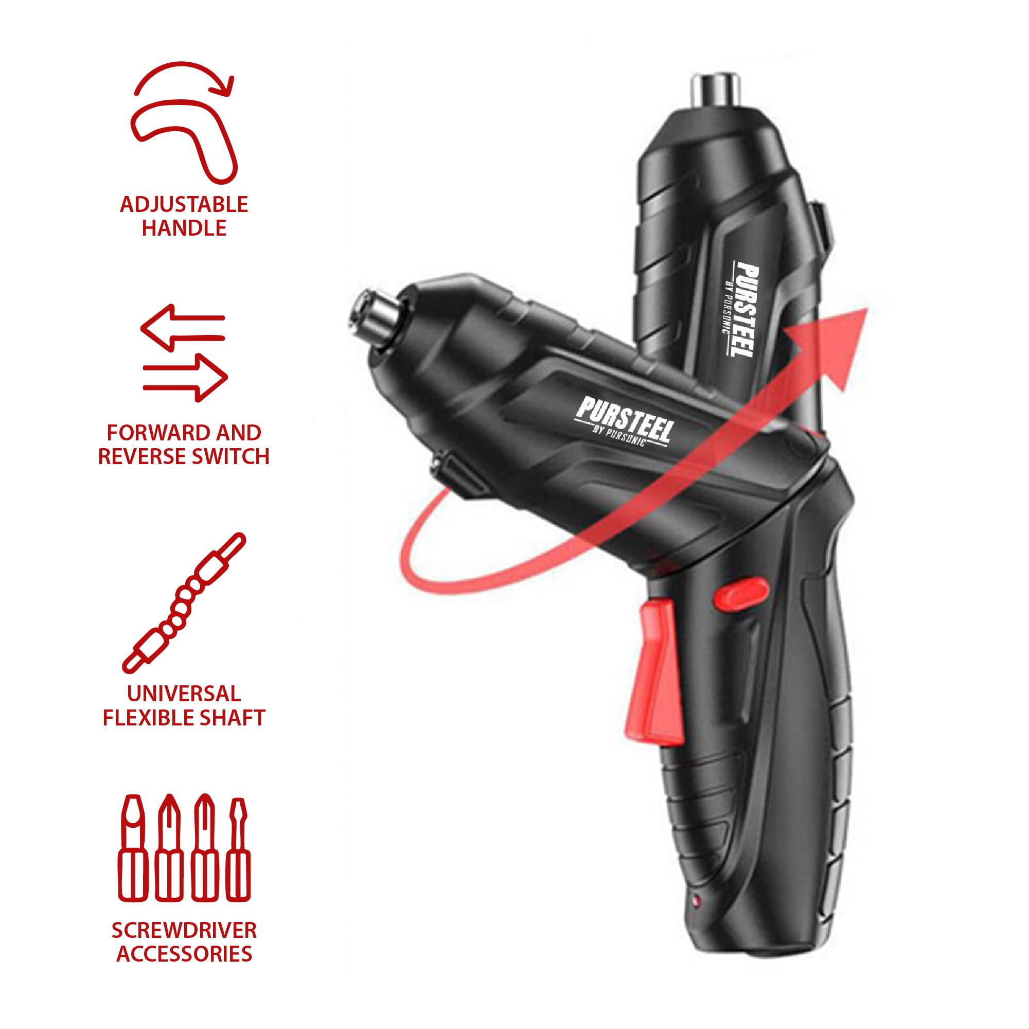 - Adjustable Handle
- Forward and Reverse Switch
- Universal Flexible Shaft
- Screwdriver Accessories