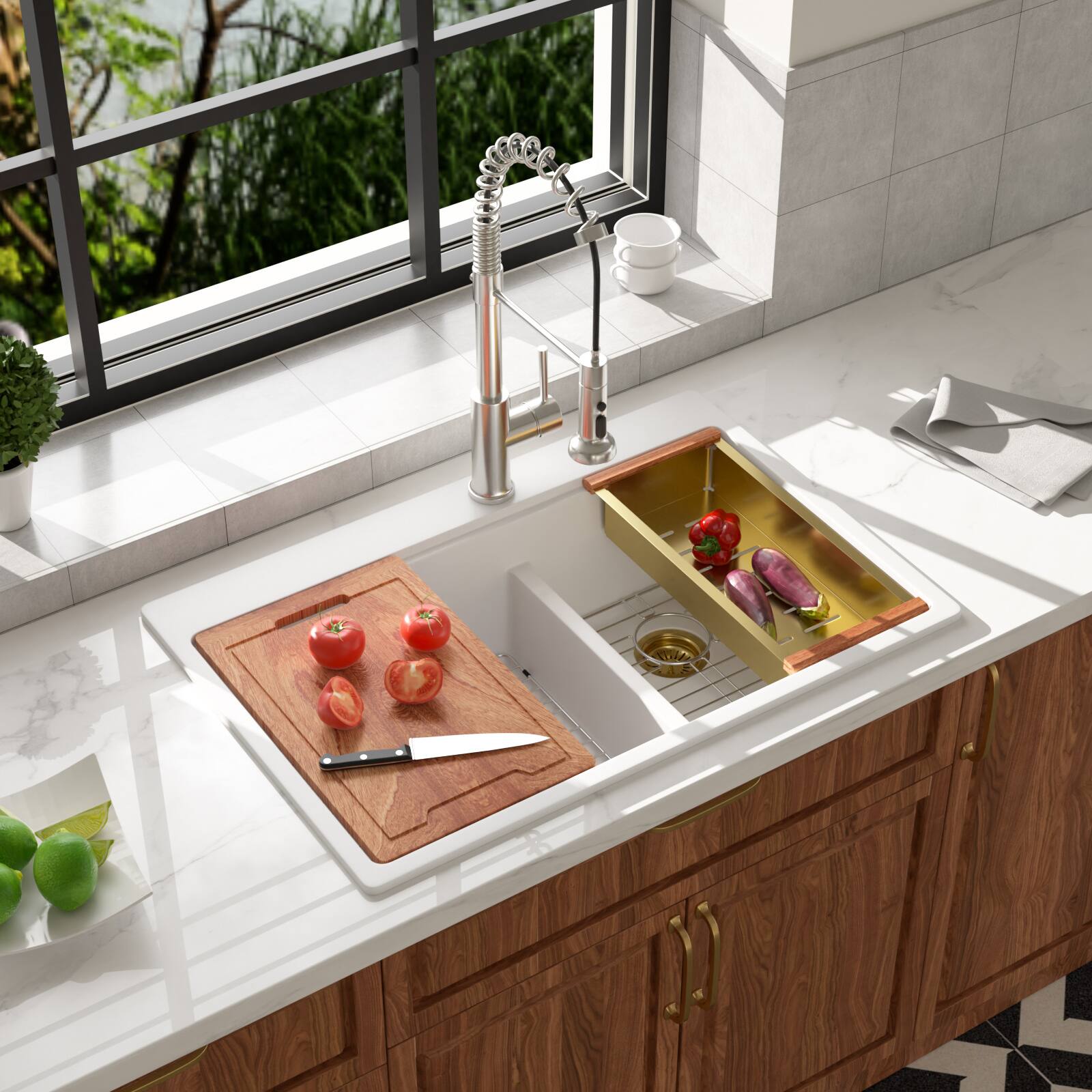 Back. Lordear - 33x22x10 Inch White Granite Composite Workstation kitchen Sink Low Divide 60/40 Double Bowl Quartz Drop In Kitchen Sink - White.
