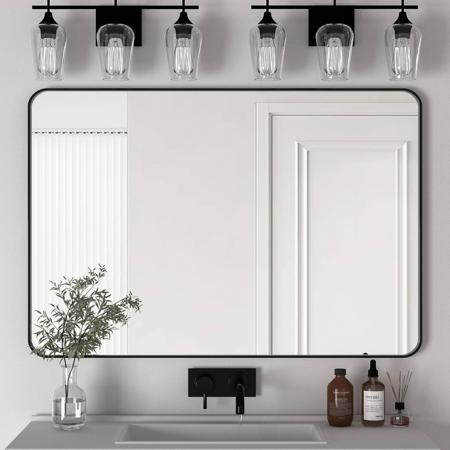 METALTON - pack Wall Mirror Bathroom Rectangular With Aluminum Alloy Frame Rounded Corner Hanging Decor For Entryway B - Black 29"L x 40"W