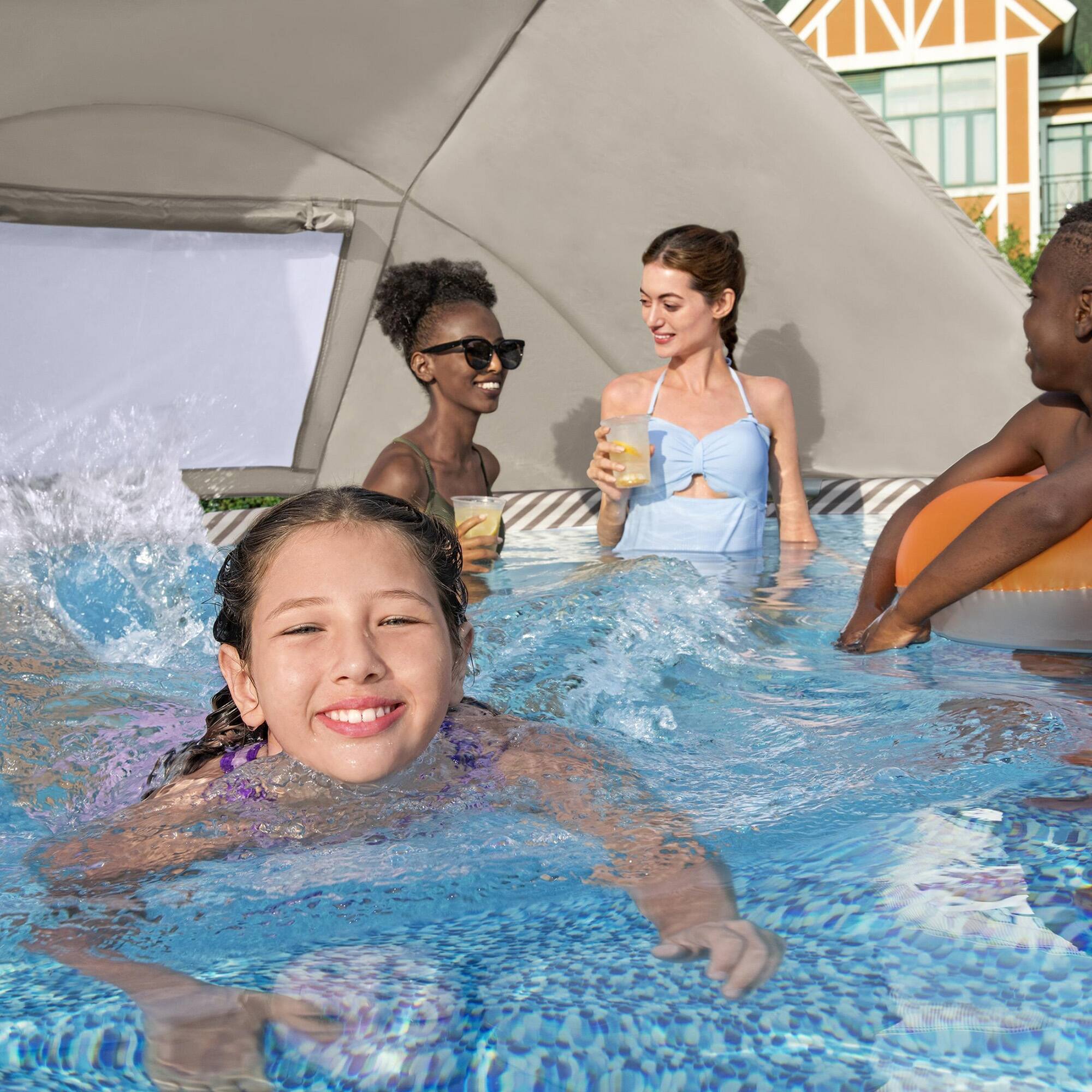 Alt View 5. Bestway - Bestway Steel Pro MAX 13' x 42" Round Above Ground Pool Set with Canopy & Ladder - Beige Chevron.