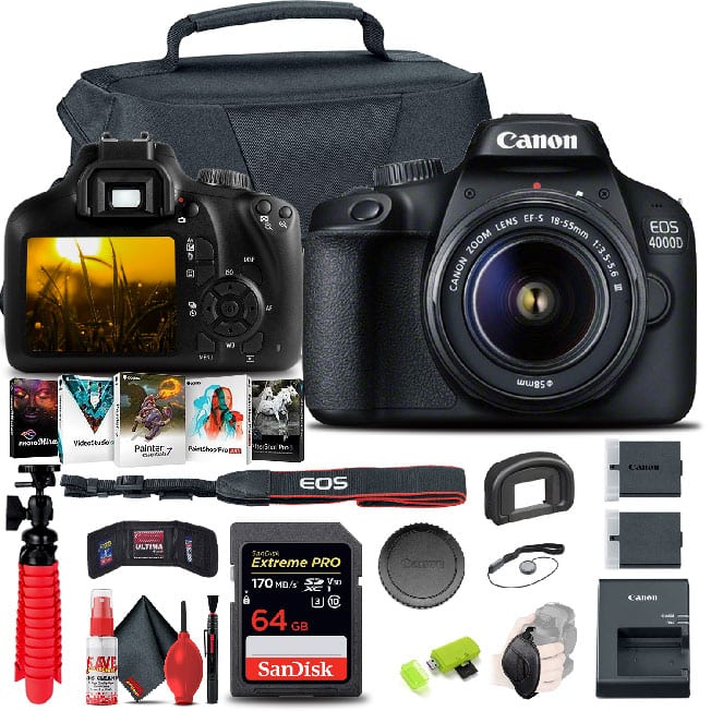 Canon - EOS 4000D / Rebel T100 DSLR Camera with 18-55mm Lens Extra Battery Mountain Bundle (International Version) - Black