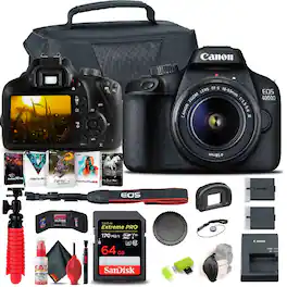 Canon - EOS 4000D / Rebel T100 DSLR Camera with 18-55mm Lens Extra Battery Mountain Bundle (International Version) - Black