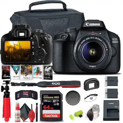 Canon EOS 4000D with EF-S 18-55mm Zoom Lens 1:3.5-5.6
Includes:
- Canon EOS 4000D Camera
- Canon EF-S 18-55mm Zoom Lens
- Canon Lens Hood
- Canon Lens Cap
- Canon Battery Charger
- Canon Battery
- Canon USB Cable
- Canon Software CD
- Canon Lens Cleaning Kit
- Canon Camera Strap
- Canon Camera Bag
- SanDisk Extreme PRO 64GB 170MB/s SD Card
- Canon Remote Control
- Canon Lens Cap
- Canon Lens Hood
- Canon Lens Cleaning Kit
- Canon Camera Strap
- Canon Camera Bag
- Canon Software CD
- Canon USB Cable
- Canon Battery Charger
- Canon Battery
- Canon Remote Control
- Canon Lens Cap
- Canon Lens Hood
- Canon Lens Cleaning Kit
- Canon Camera Strap
- Canon Camera Bag
- Canon Software CD
- Canon USB Cable
- Canon Battery Charger
- Canon Battery
- Canon Remote Control
- Canon Lens Cap
- Canon Lens Hood
- Canon Lens Cleaning Kit
- Canon Camera Strap
- Canon Camera Bag
- Canon Software