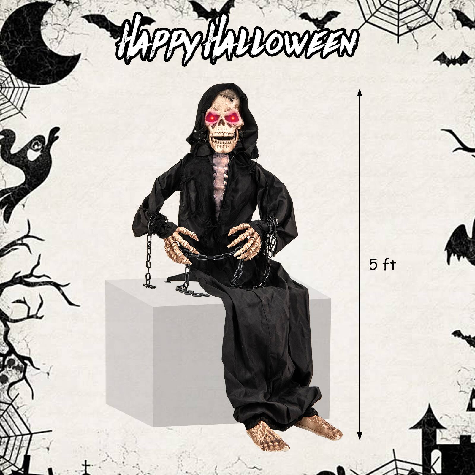 Alt View 17. Costway - 5 FT Animated Halloween Sitting Reaper Life Size Halloween Animatronic Prop - Black.