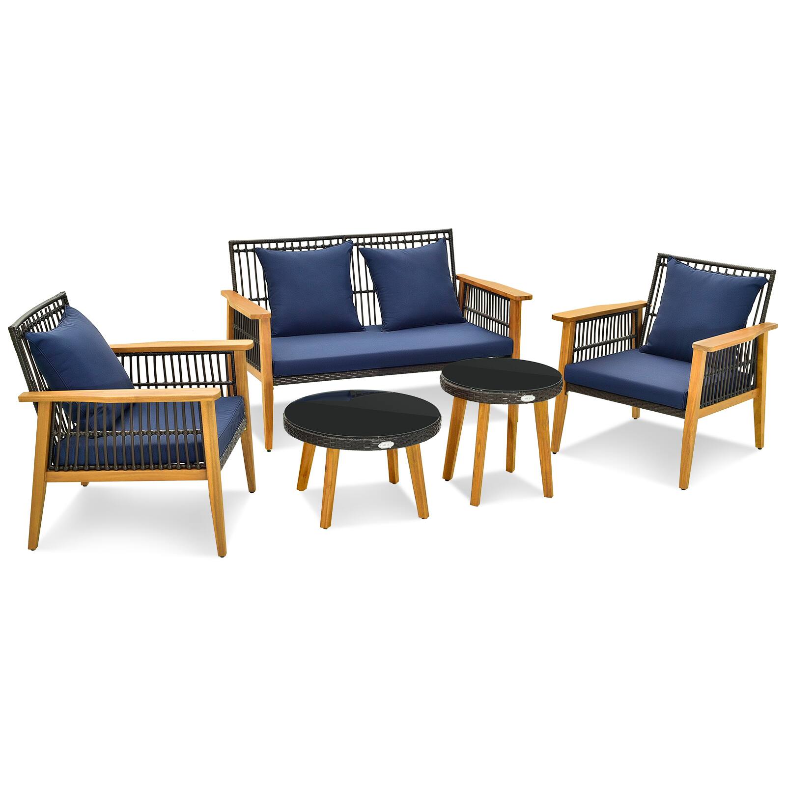 Gymax - 5PCS Rattan Woven Conversation Set Stable Acacia Wood Frame for Backyard Patio - Brown