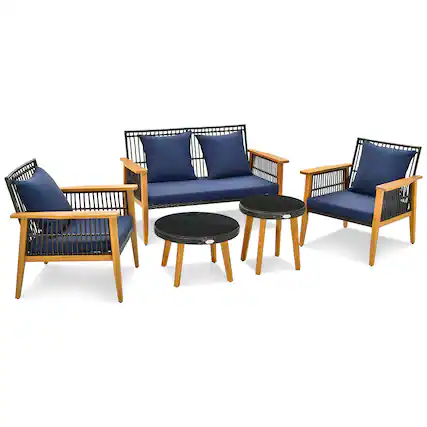 Front. Gymax - Gymax 5PCS Rattan Woven Conversation Set Stable Acacia Wood Frame for Backyard Patio - Brown.